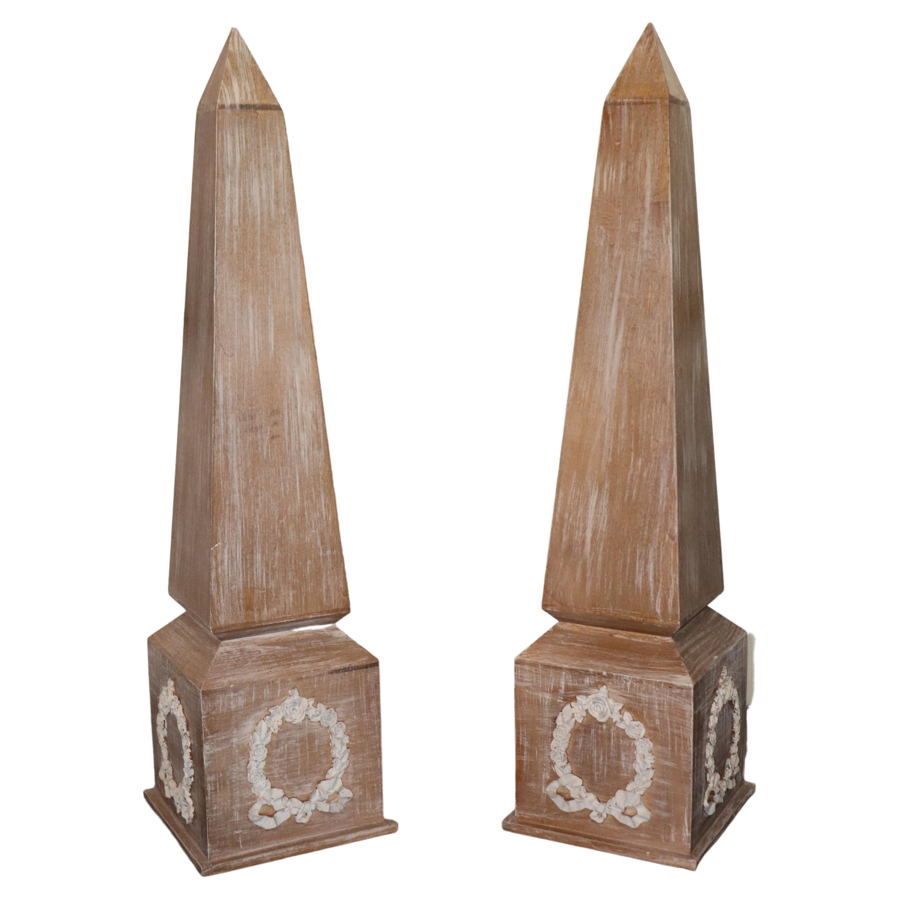 Pair of Neary Cerused Oak Carved Gesso French Obelisks For Sale
