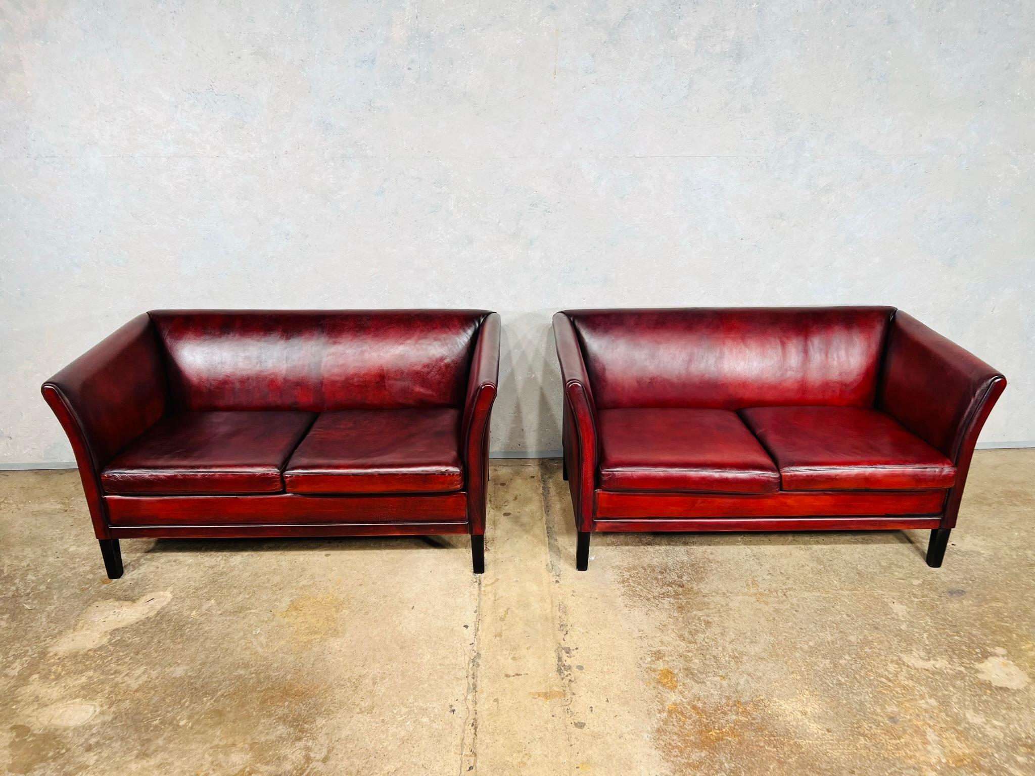 Pair of Neat Vintage Danish 70s Patinated Chestnut Red 2 Seat Leather Sofas#805 In Good Condition For Sale In Lewes, GB
