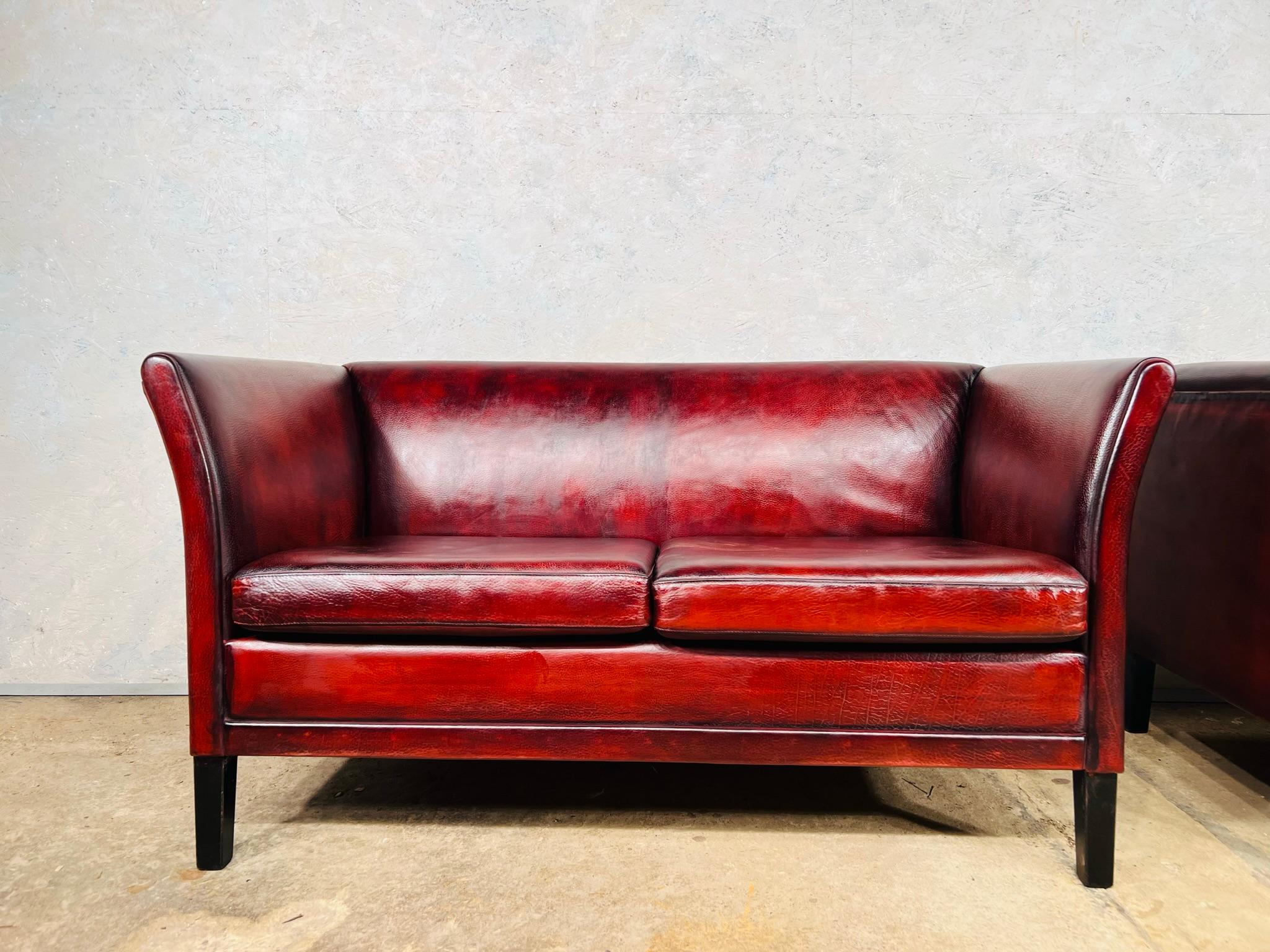 20th Century Pair of Neat Vintage Danish 70s Patinated Chestnut Red 2 Seat Leather Sofas#805 For Sale