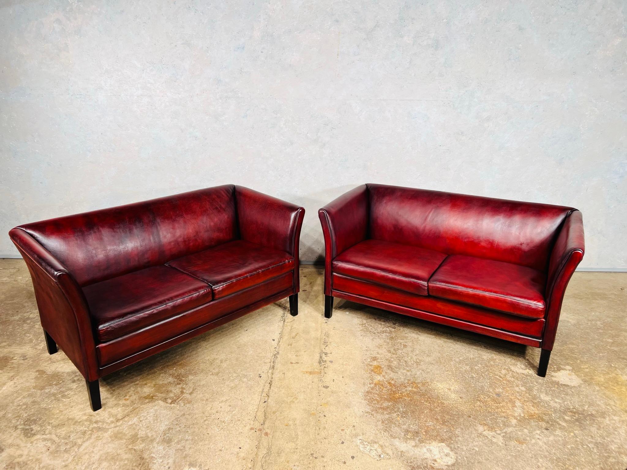 Pair of Neat Vintage Danish 70s Patinated Chestnut Red 2 Seat Leather Sofas#805 For Sale 1