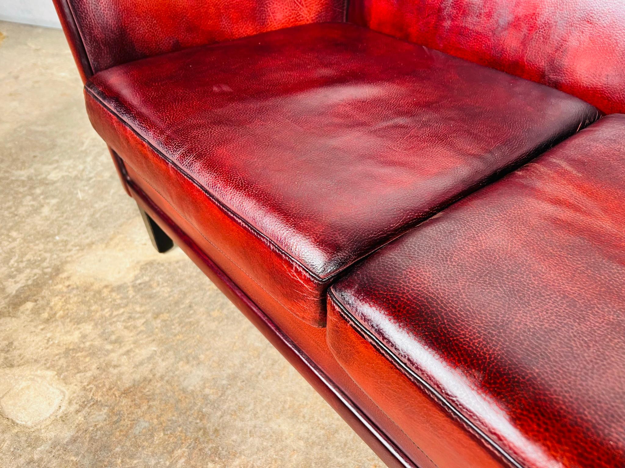 Pair of Neat Vintage Danish 70s Patinated Chestnut Red 2 Seat Leather Sofas#805 For Sale 3