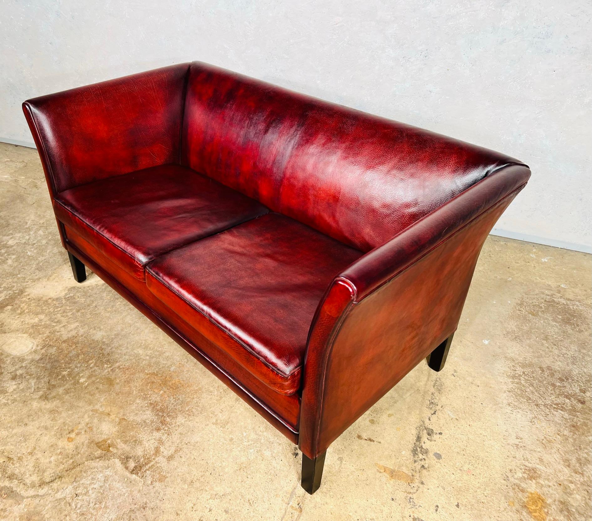 Pair of Neat Vintage Danish 70s Patinated Chestnut Red 2 Seat Leather Sofas#805 For Sale 4