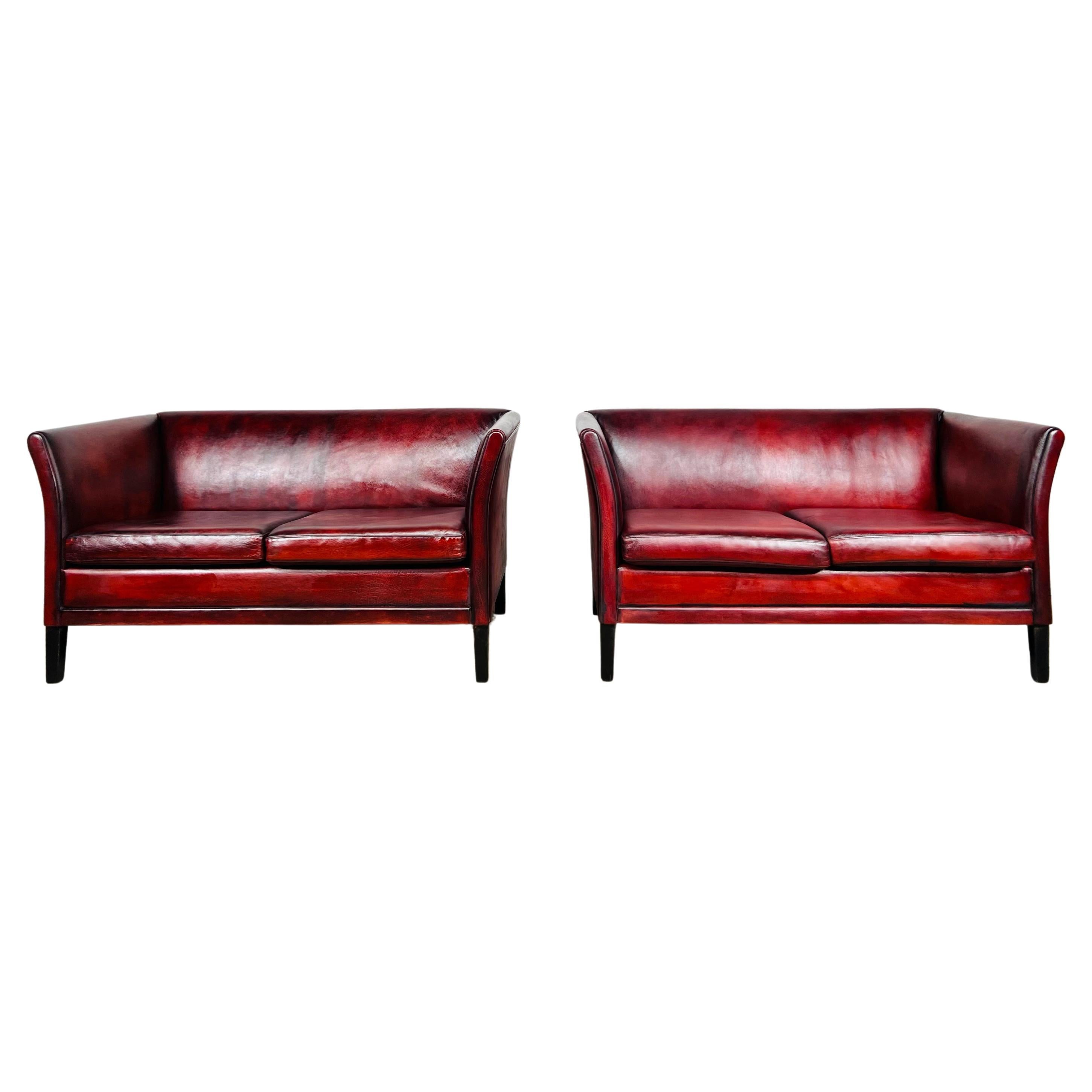 Pair of Neat Vintage Danish 70s Patinated Chestnut Red 2 Seat Leather Sofas#805 For Sale