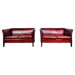 Pair of Neat Retro Danish 70s Patinated Chestnut Red 2 Seat Leather Sofas#805