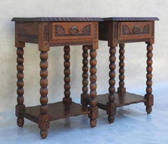 Pair of Neo Basque Carved Oak Single Drawer Night Stands c1930s France