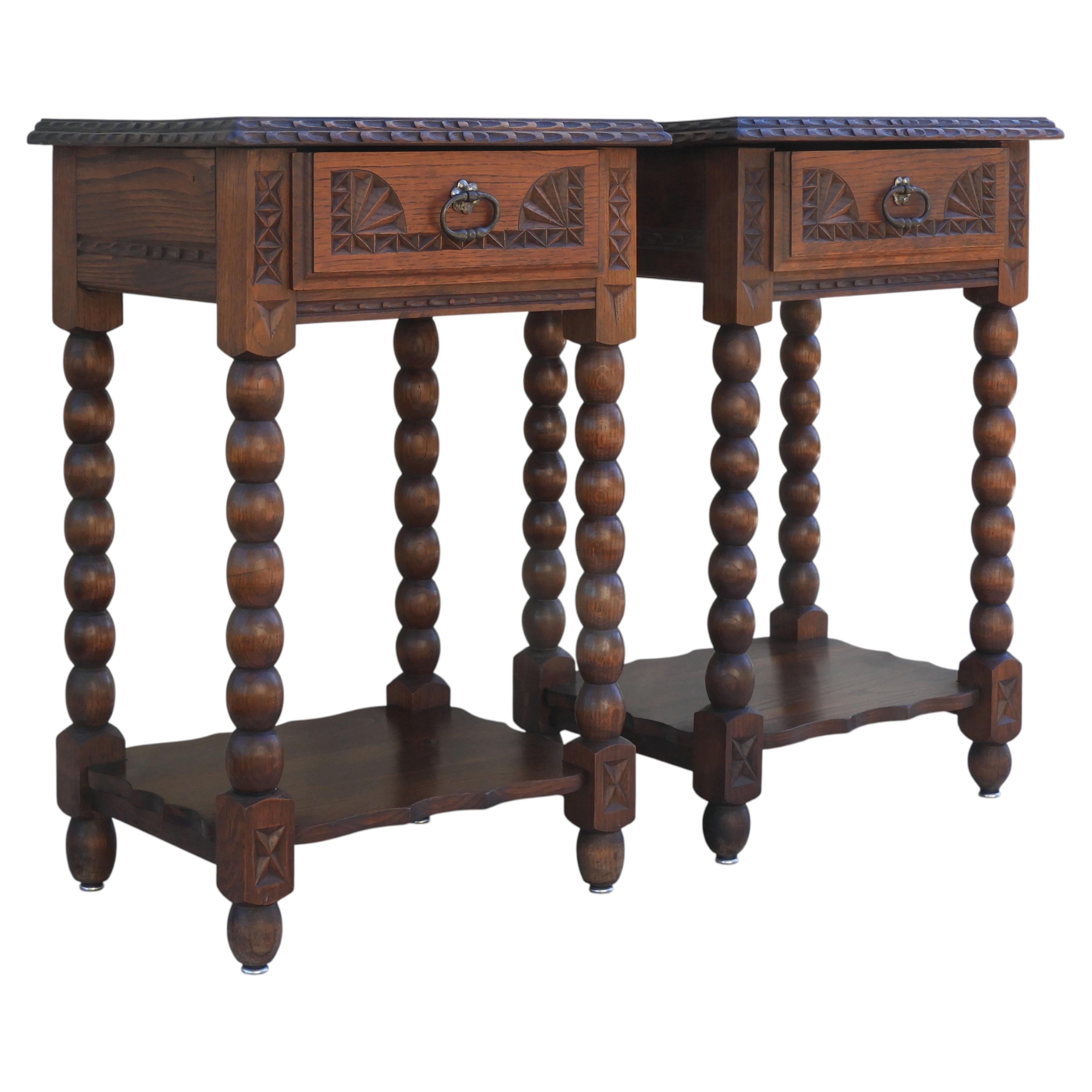 Pair of Neo Basque Carved Oak Single Drawer Night Stands c1930s France For Sale