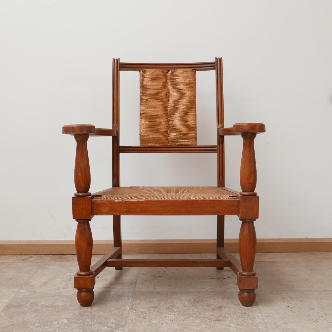 Pair of Neo Basque French Mid-Century Wooden and Rush Armchairs 9