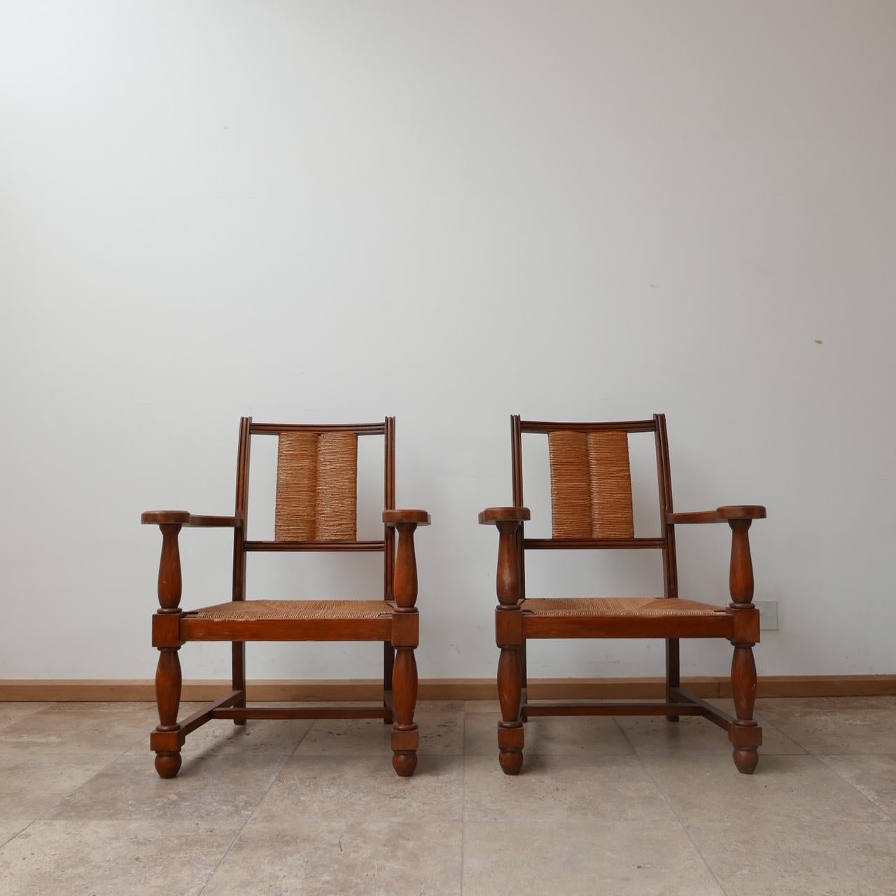 Pair of Neo Basque French Mid-Century Wooden and Rush Armchairs In Good Condition In London, GB