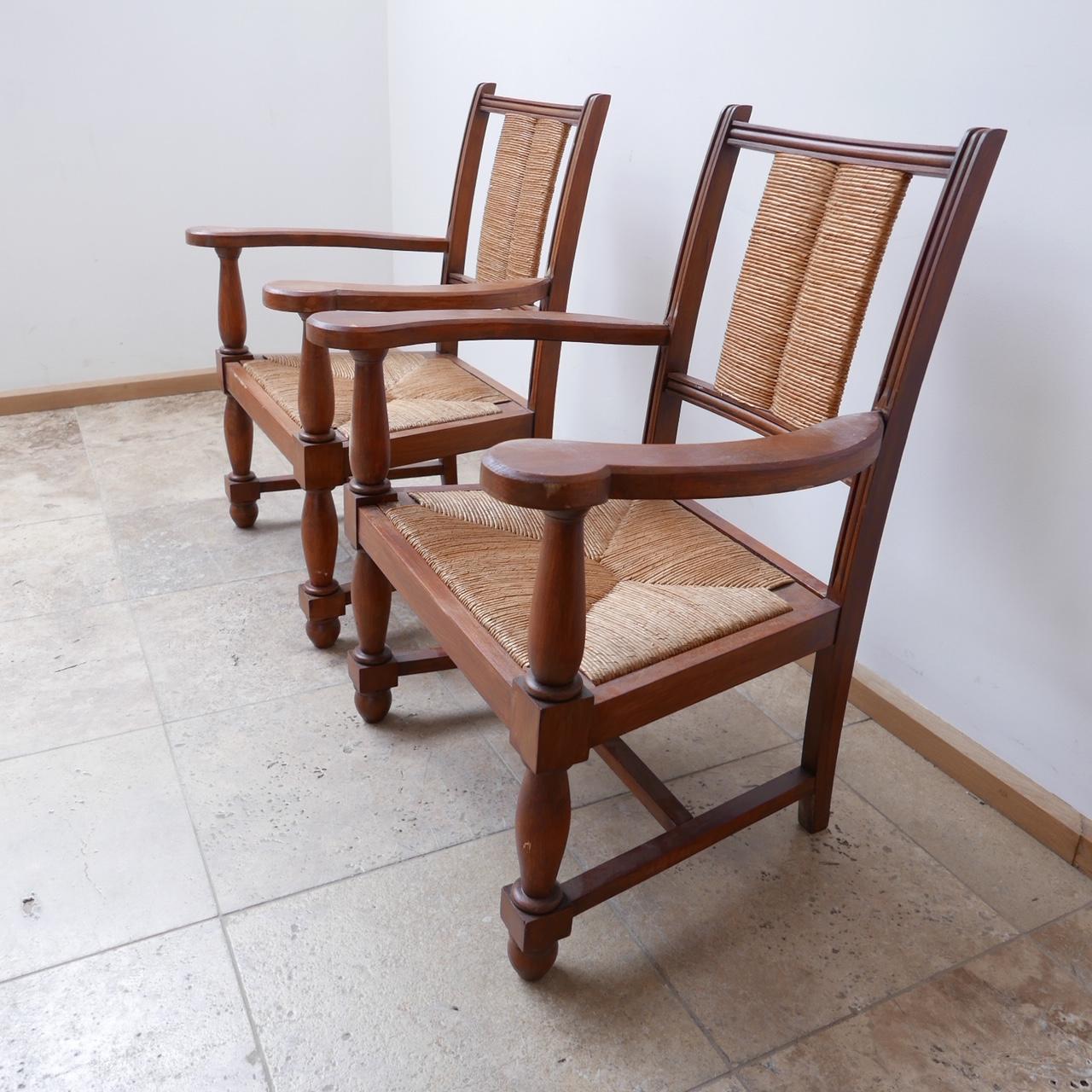 20th Century Pair of Neo Basque French Mid-Century Wooden and Rush Armchairs