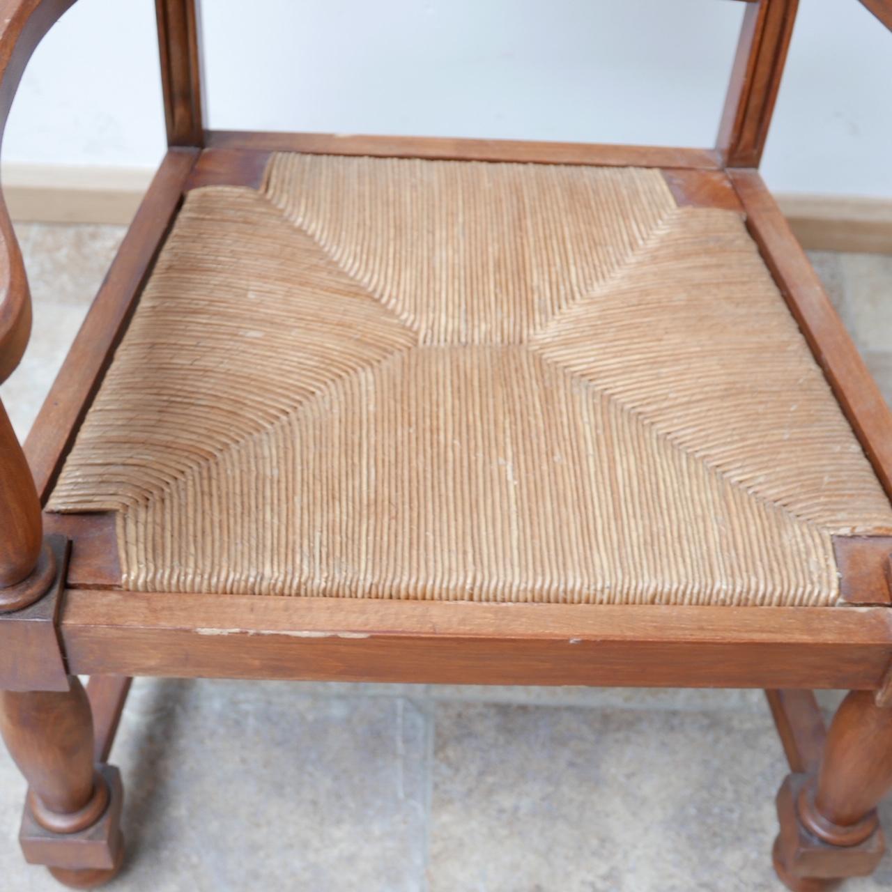 Pair of Neo Basque French Mid-Century Wooden and Rush Armchairs 3