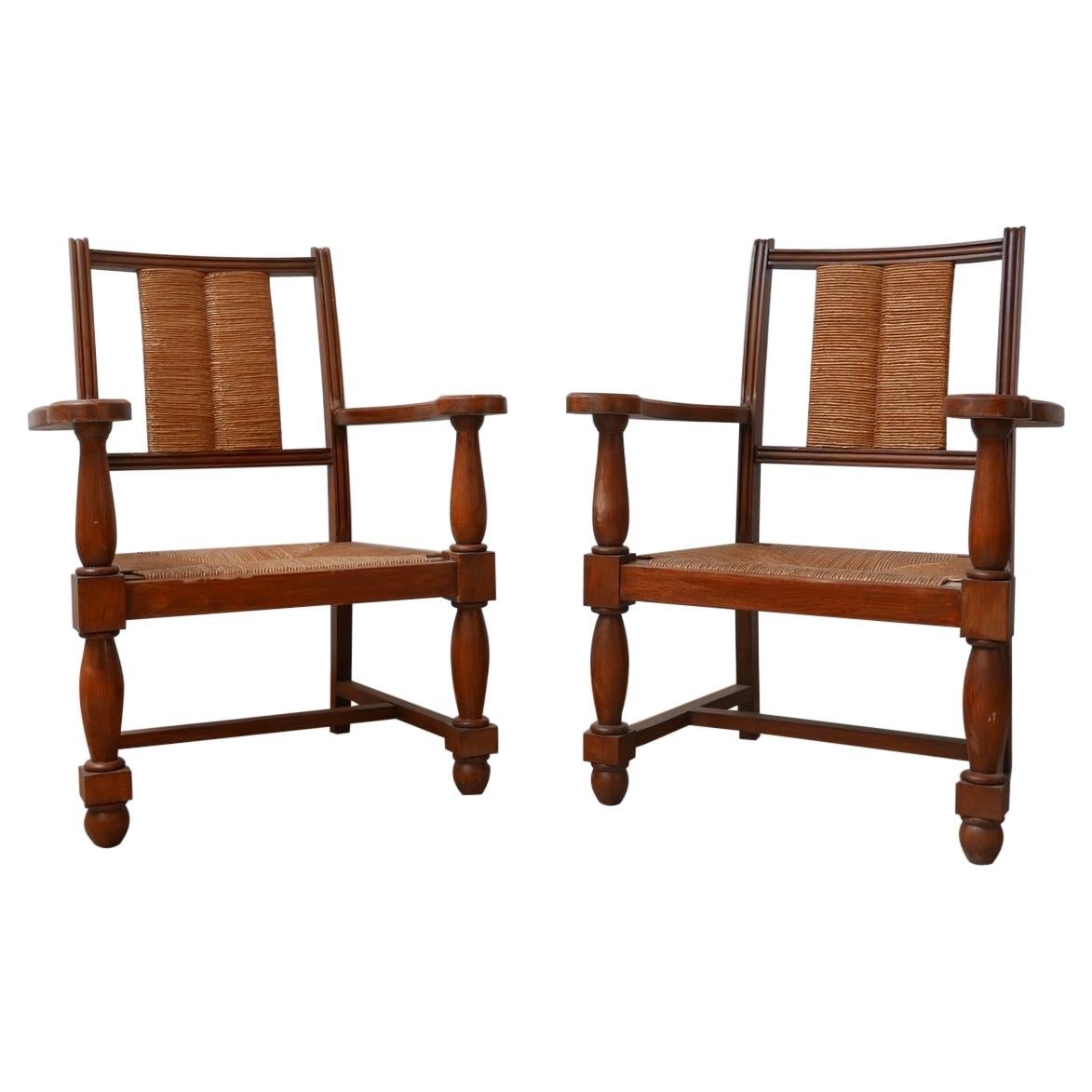 Pair of Neo Basque French Mid-Century Wooden and Rush Armchairs