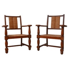 Pair of Neo Basque French Mid-Century Wooden and Rush Armchairs