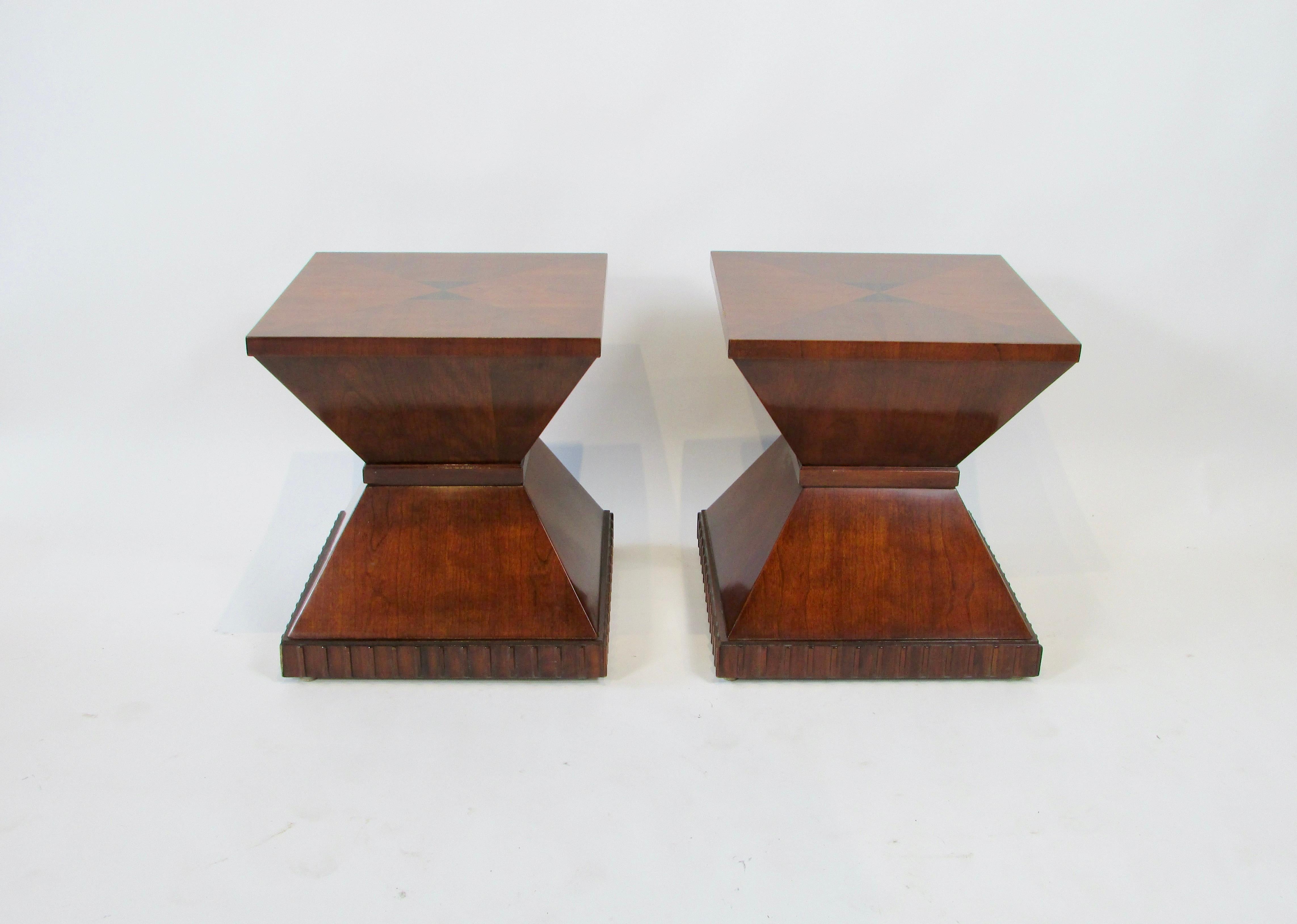 Pair of neoclassic  styled tables by Henredon Square for with pinched waist sit on scalloped edge base . Marquetry tops show inlaid Rosewood 