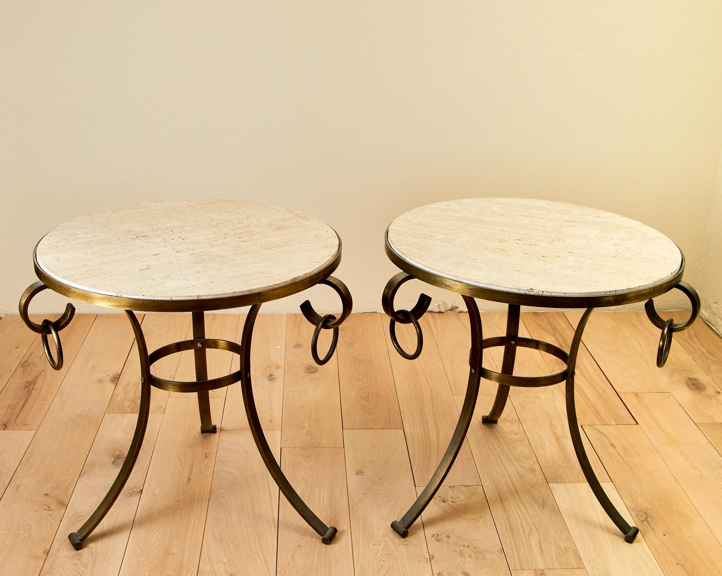 French Pair of Neo Classic Pedestal Tables, Silver Iron and Brass Frame, Travertine Top