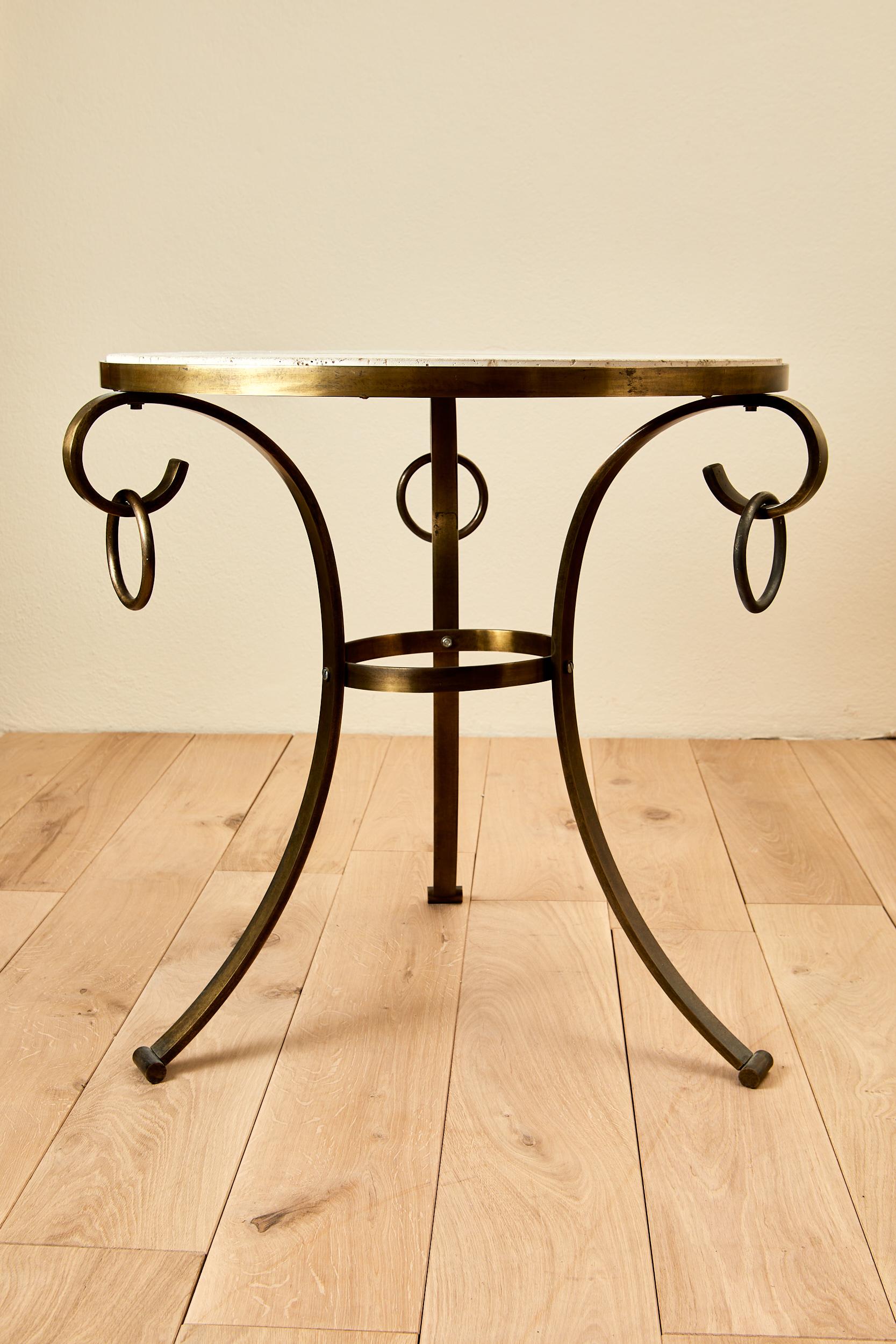 Pair of Neo Classic Pedestal Tables, Silver Iron and Brass Frame, Travertine Top In Good Condition In Nice, Cote d' Azur
