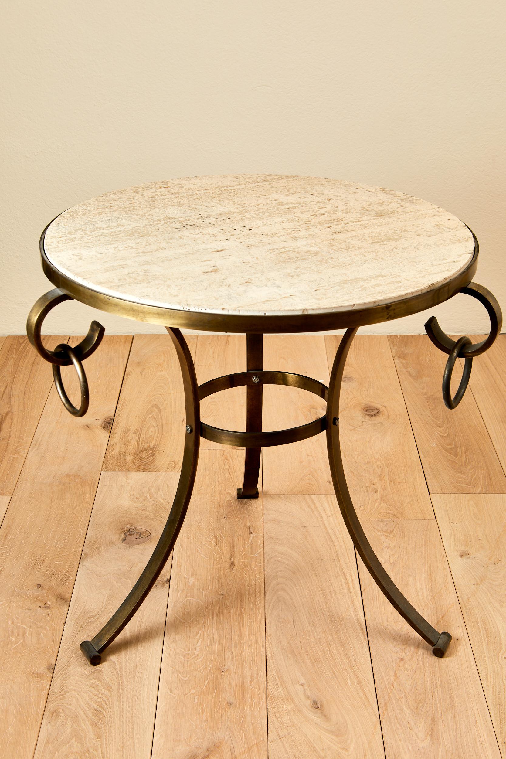 Mid-20th Century Pair of Neo Classic Pedestal Tables, Silver Iron and Brass Frame, Travertine Top