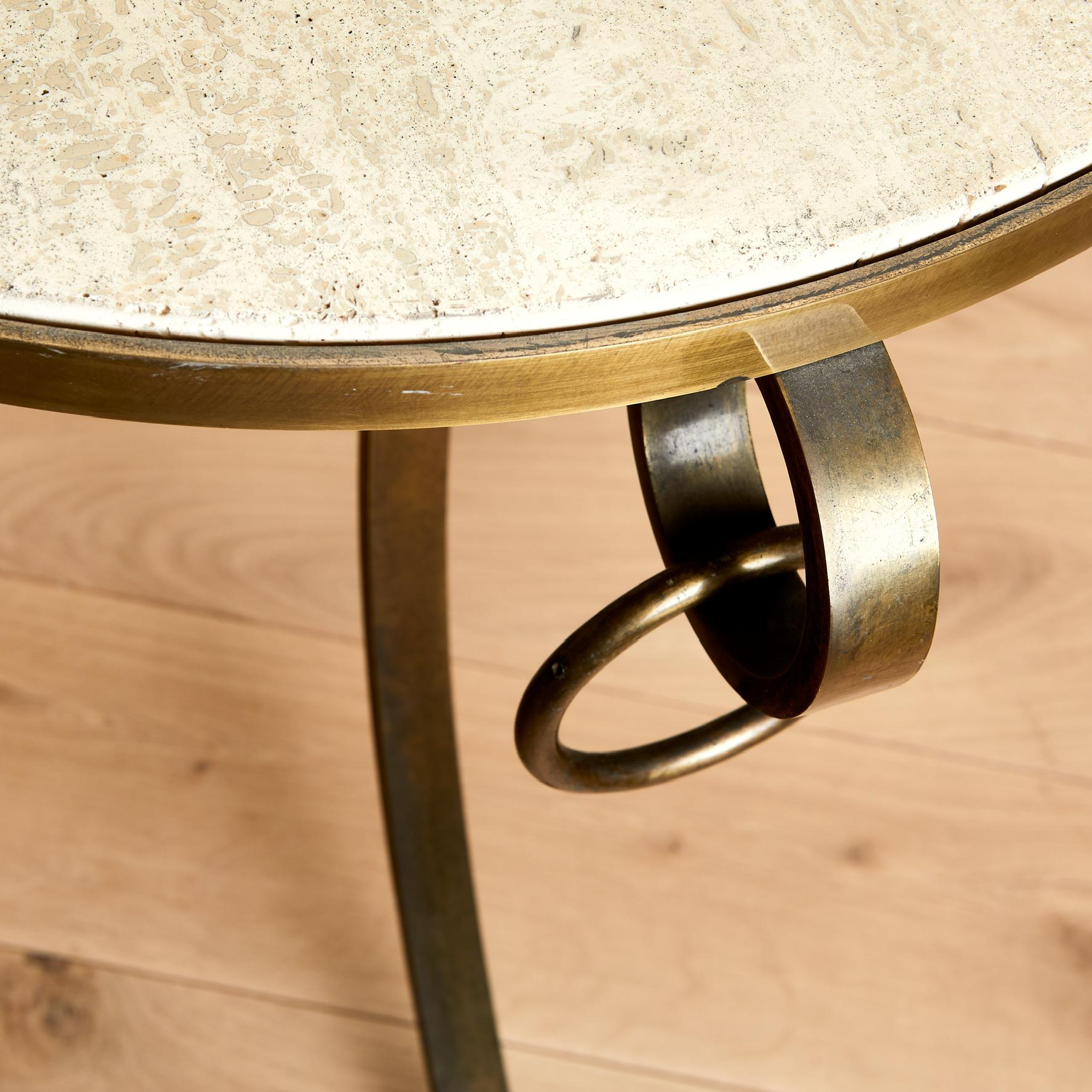 Pair of Neo Classic Pedestal Tables, Silver Iron and Brass Frame, Travertine Top 1