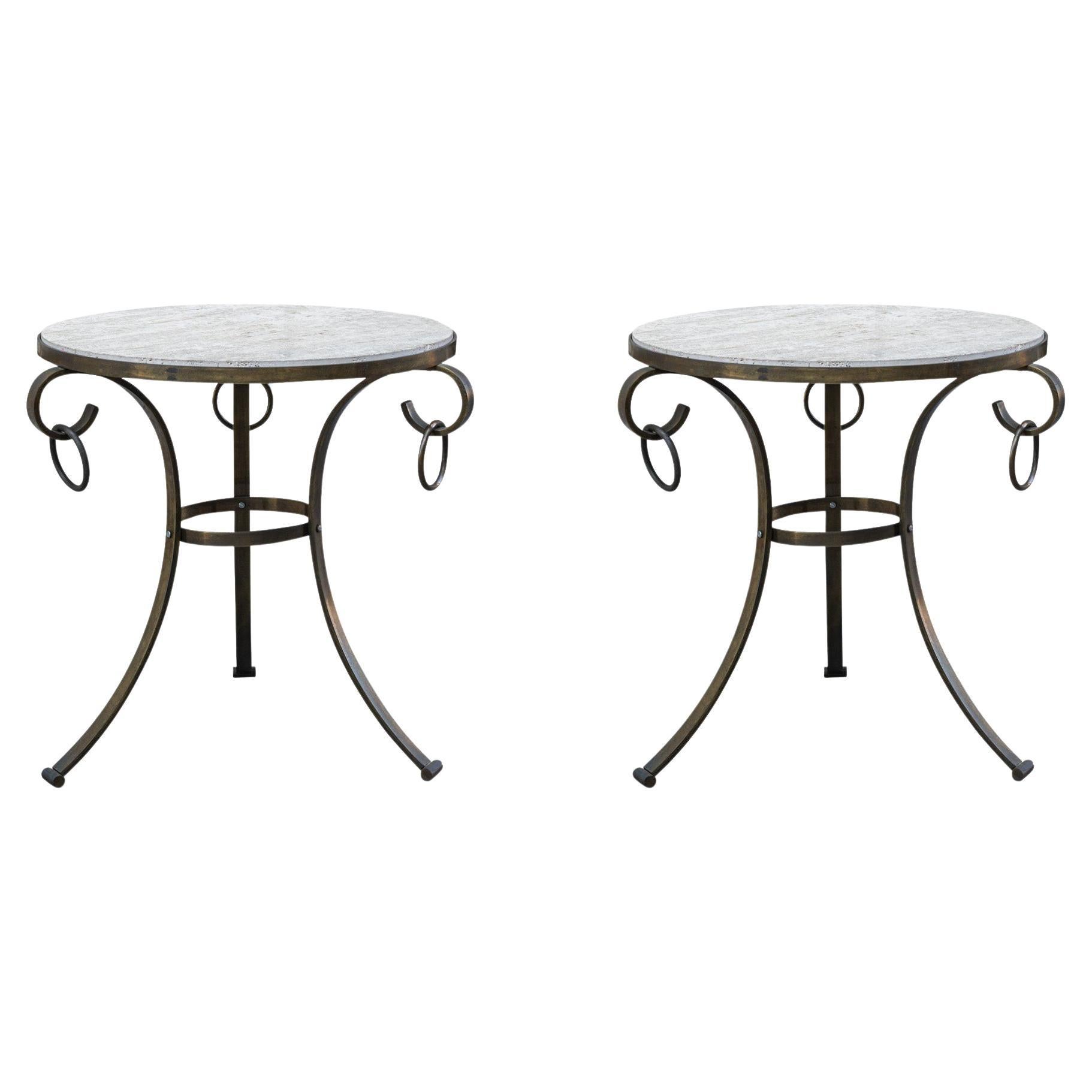 Pair of Neo Classic Pedestal Tables, Silver Iron and Brass Frame, Travertine Top