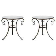 Pair of Neo Classic Pedestal Tables, Silver Iron and Brass Frame, Travertine Top