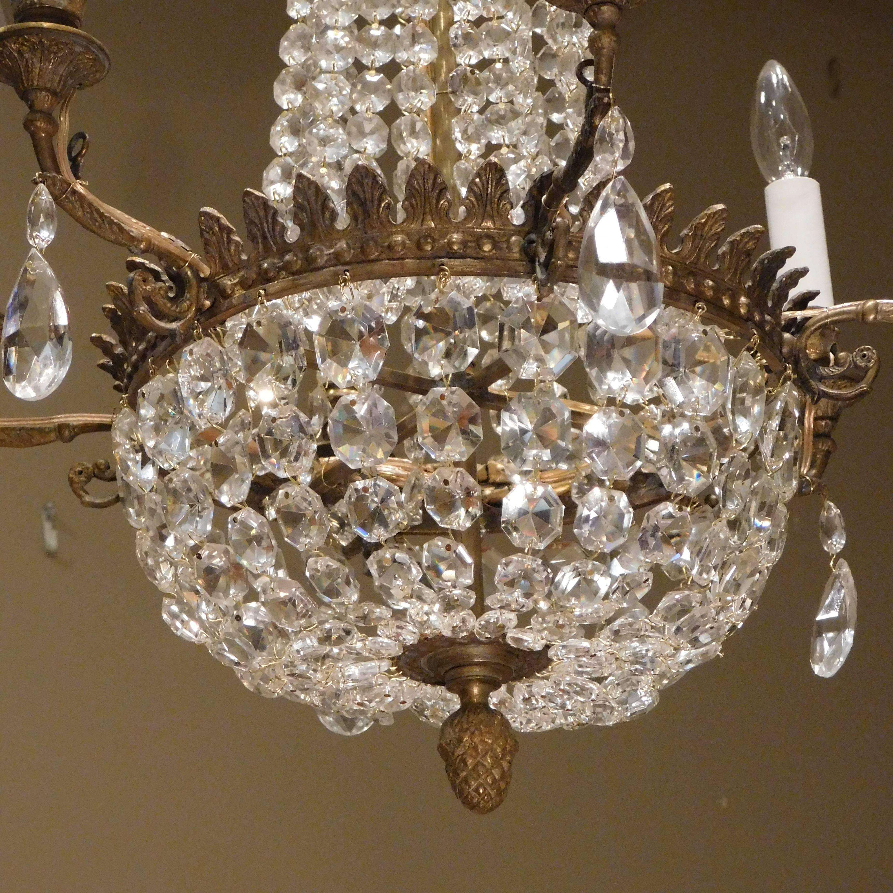 French Pair of Neo-Classic Style Six-Light Bronze Chandeliers, France, circa 1890