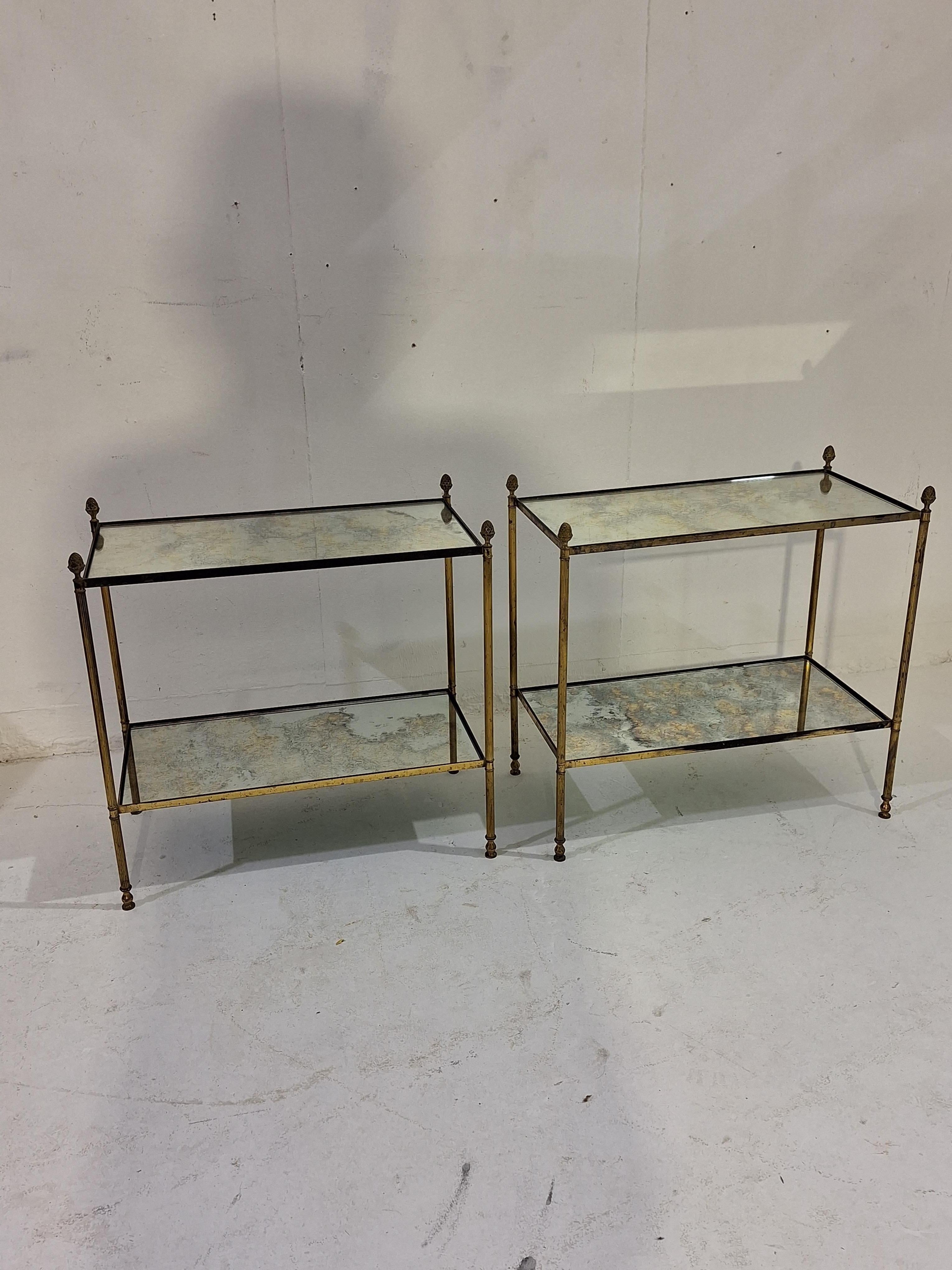 Pair of neo-classical brass and oxidized mirror side tables For Sale 3