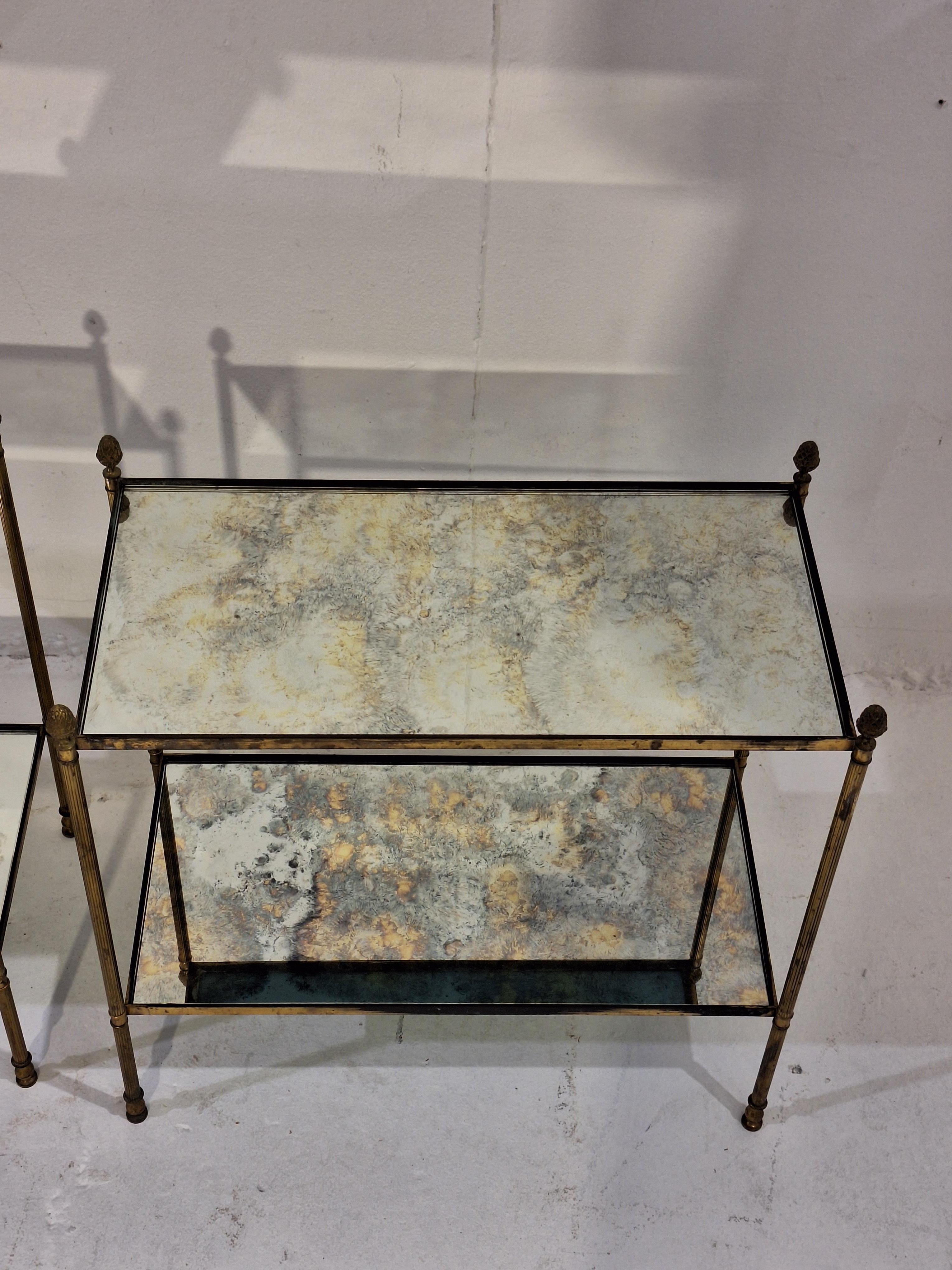 Pair of neo-classical brass and oxidized mirror side tables For Sale 4
