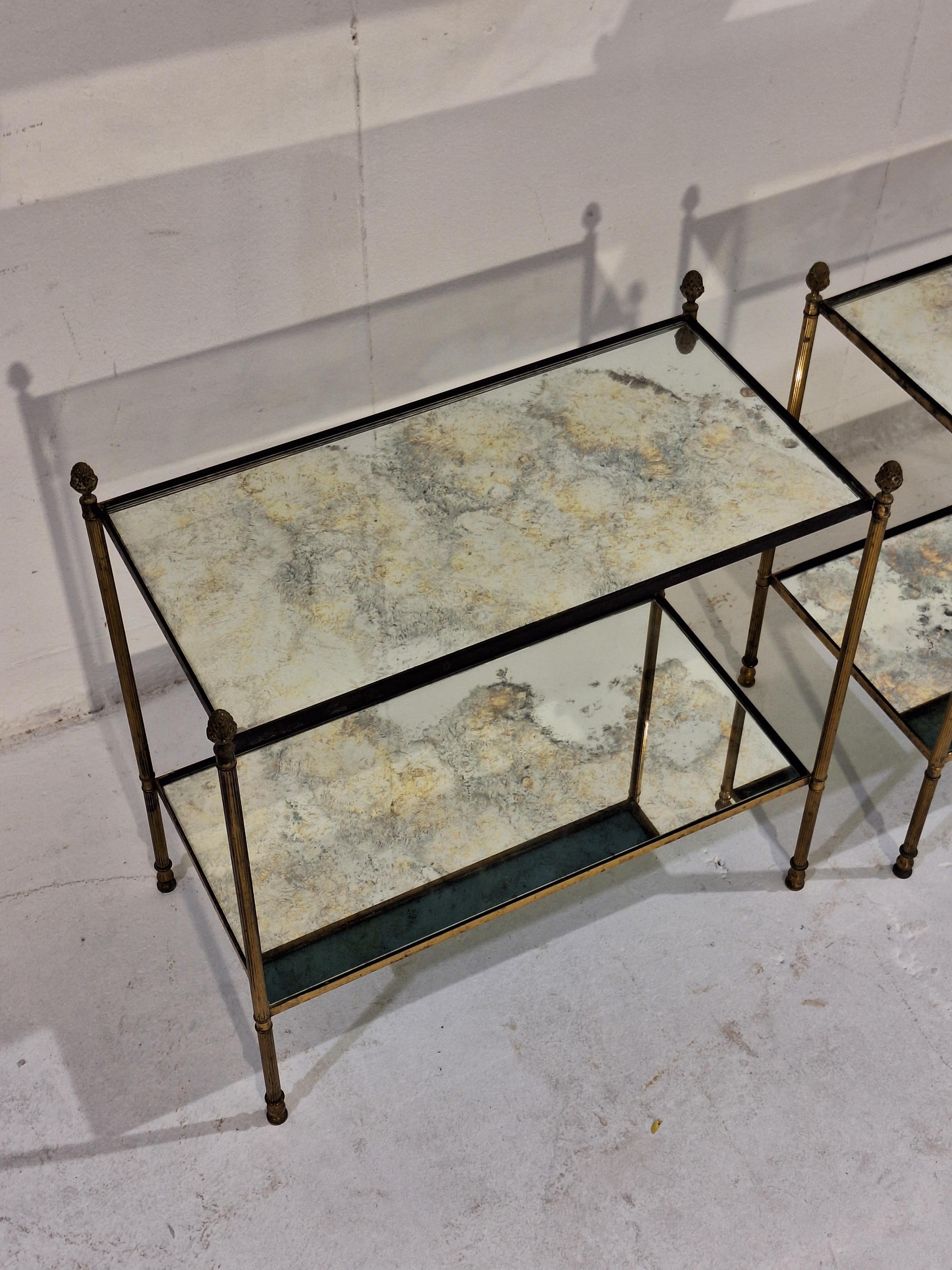 20th Century Pair of neo-classical brass and oxidized mirror side tables For Sale