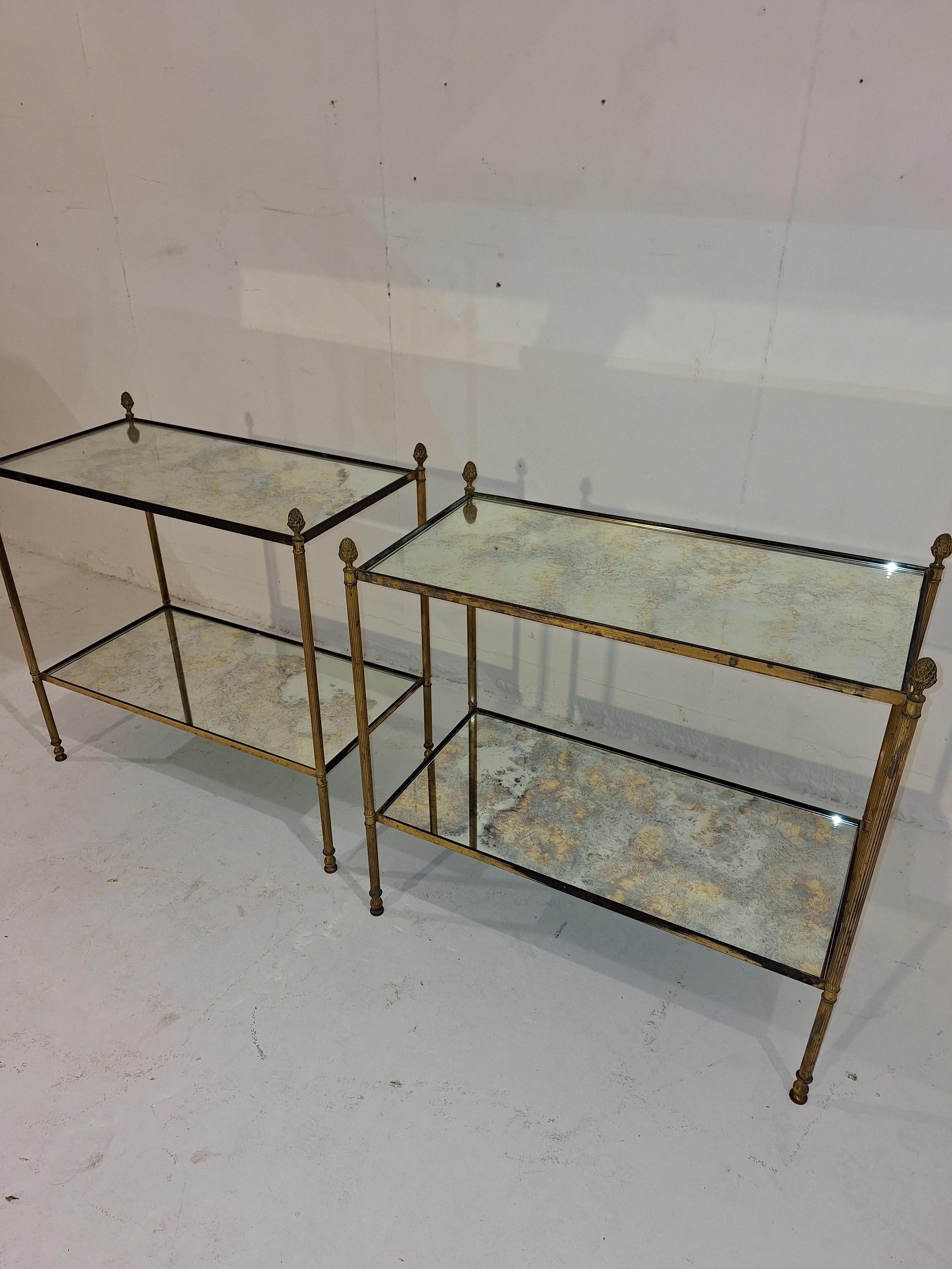 Pair of neo-classical brass and oxidized mirror side tables For Sale 1