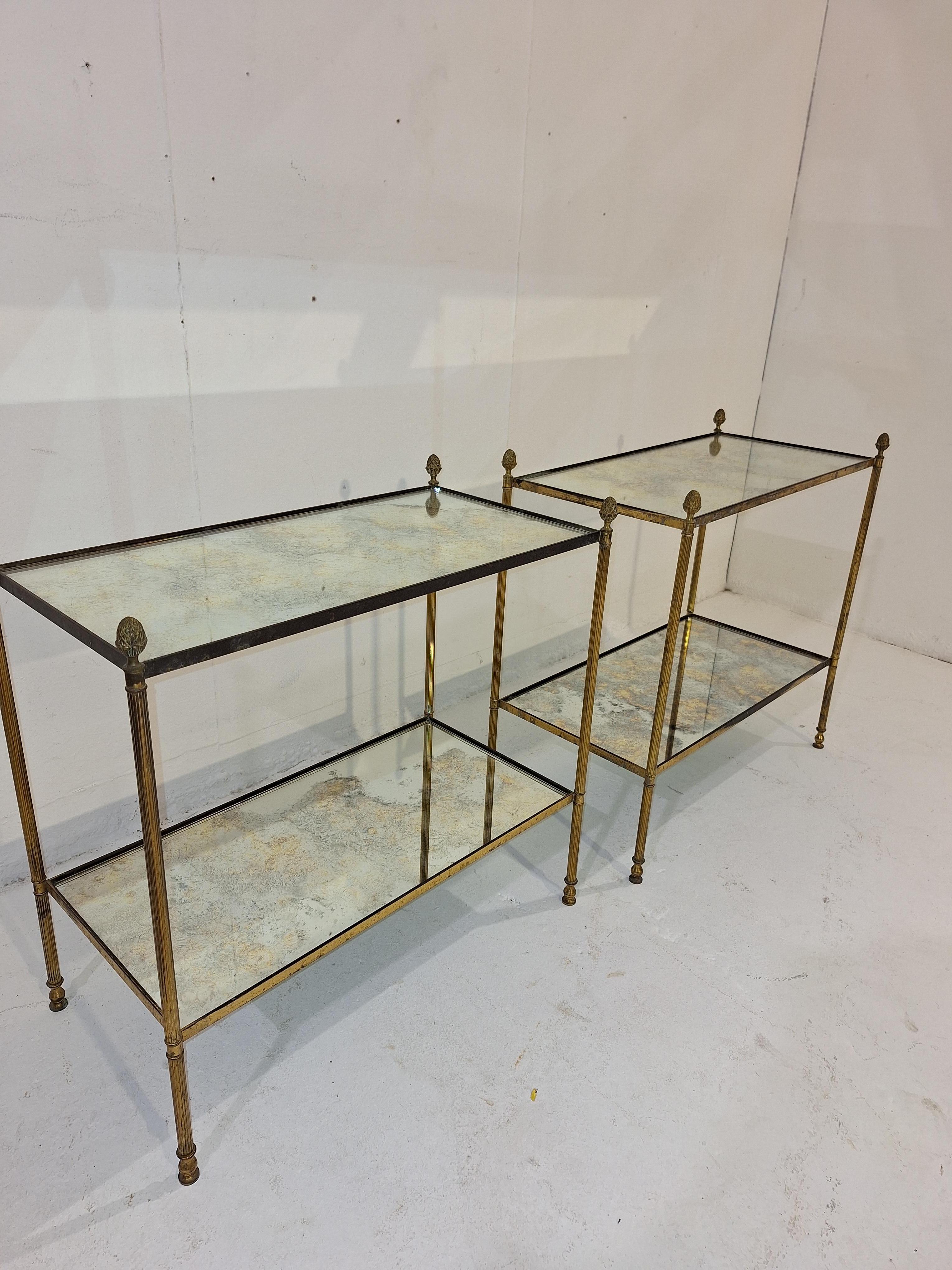 Pair of neo-classical brass and oxidized mirror side tables For Sale 2