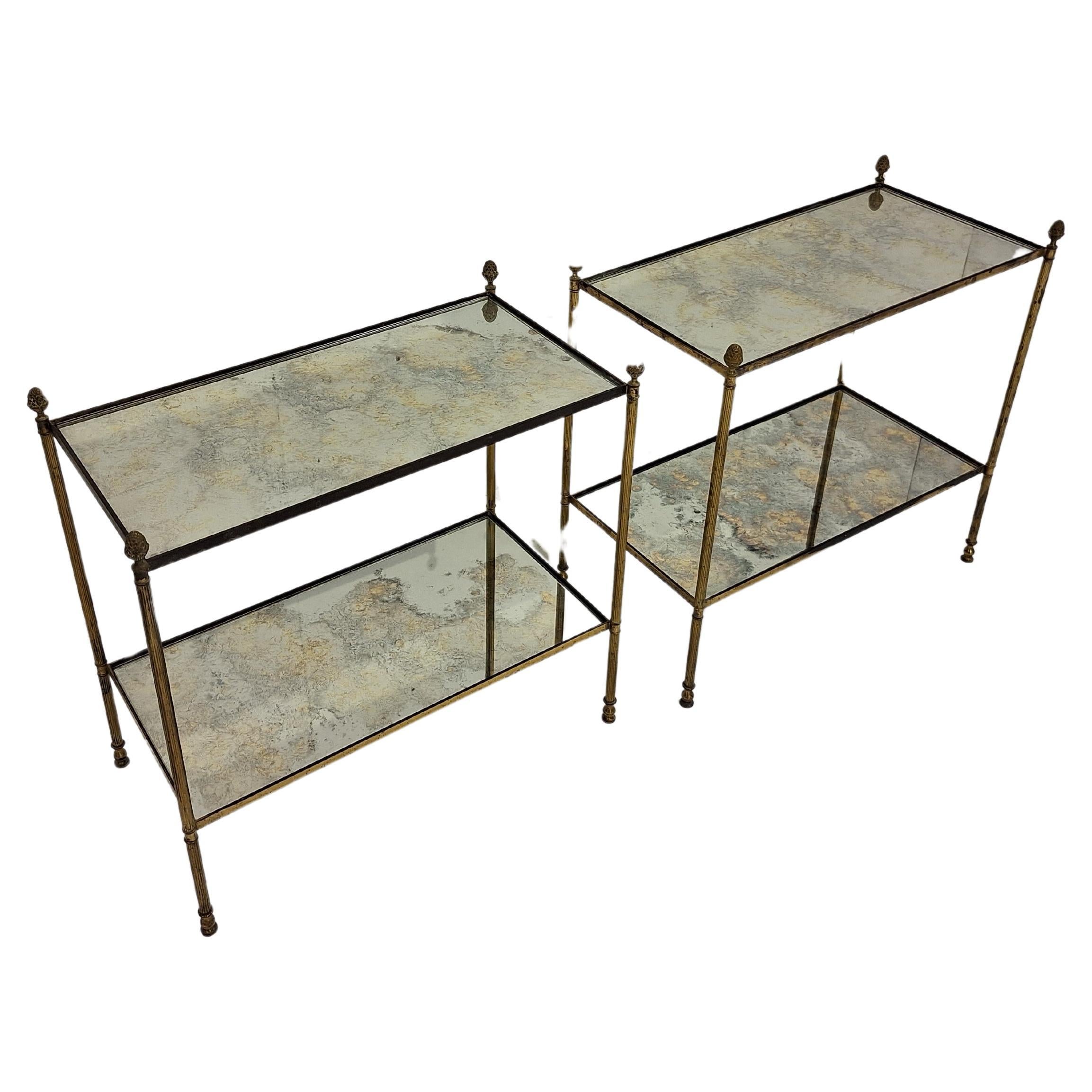 Pair of neo-classical brass and oxidized mirror side tables For Sale