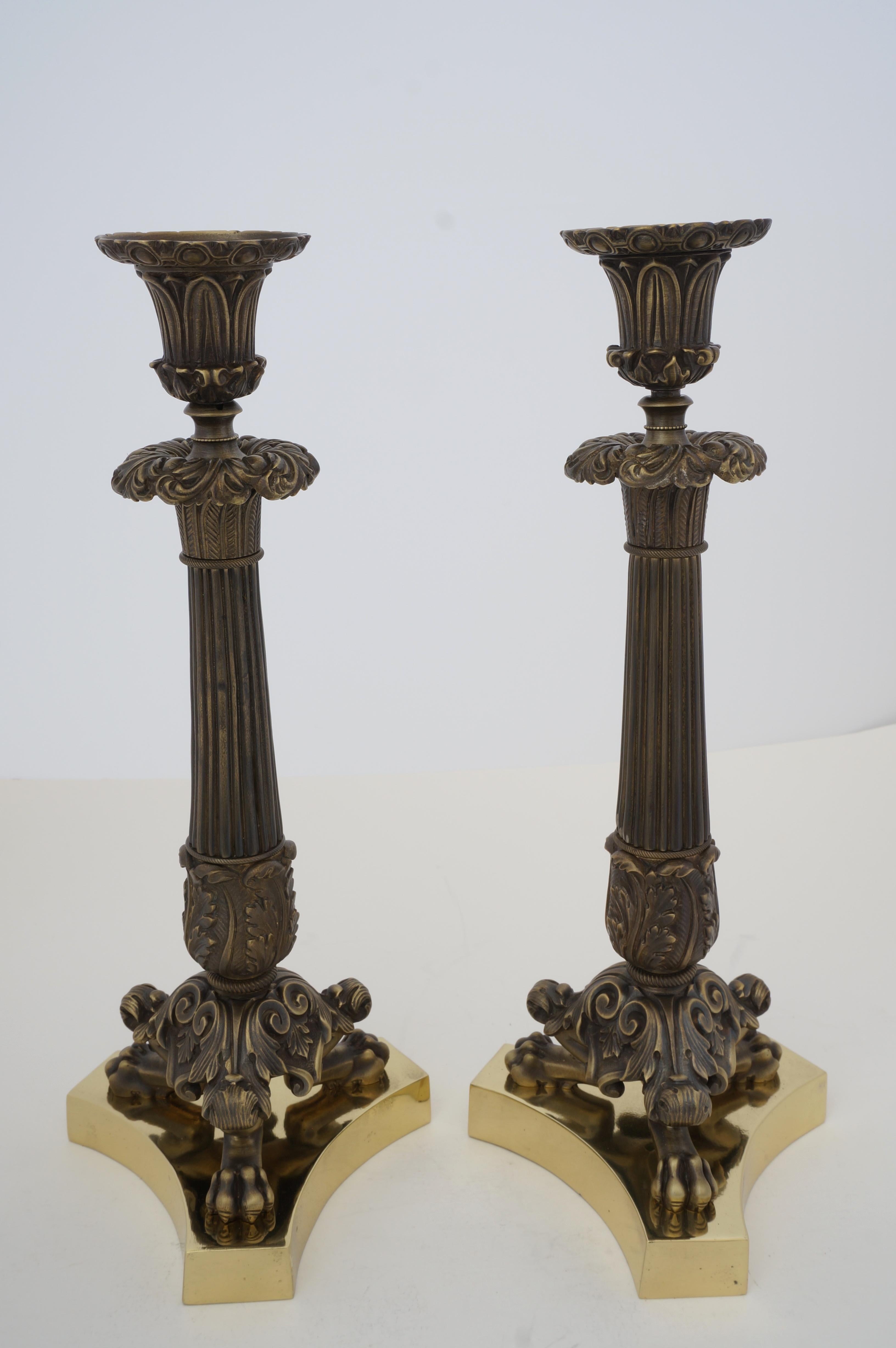 Brass Pair of Neo Classical Bronze Candlesticks For Sale