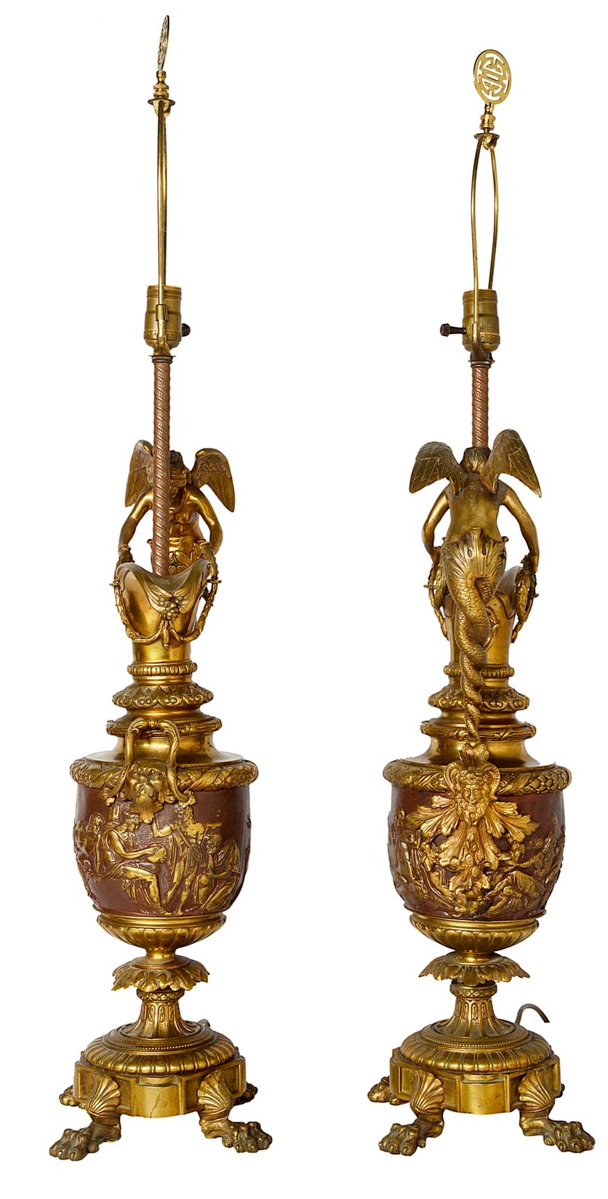 Neoclassical Revival Pair of Neoclassical Bronze Ewer Lamps, 19th Century