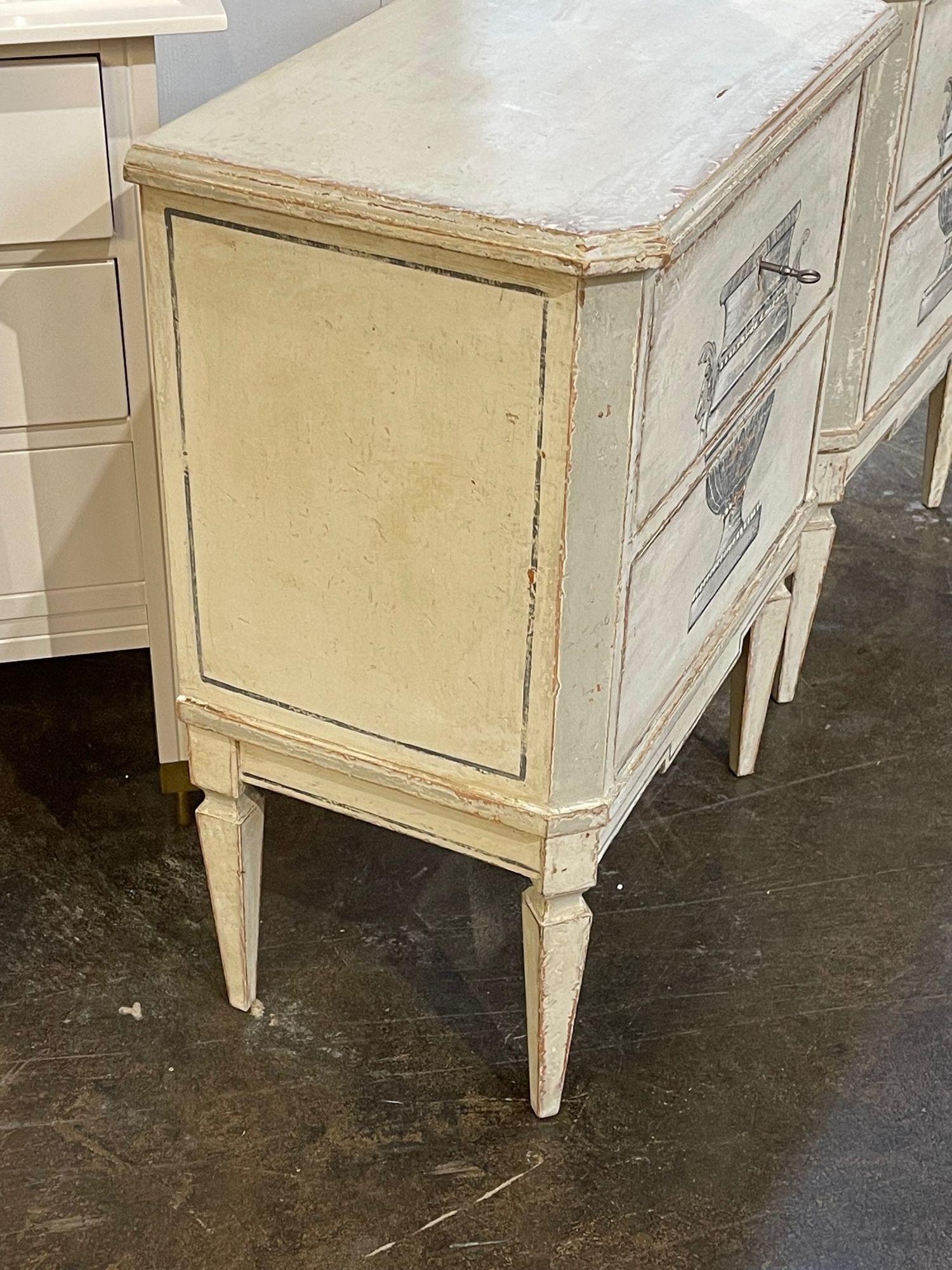 European Pair of Neo-Classical Hand Painted 2 Drawer Side Tables from Germany