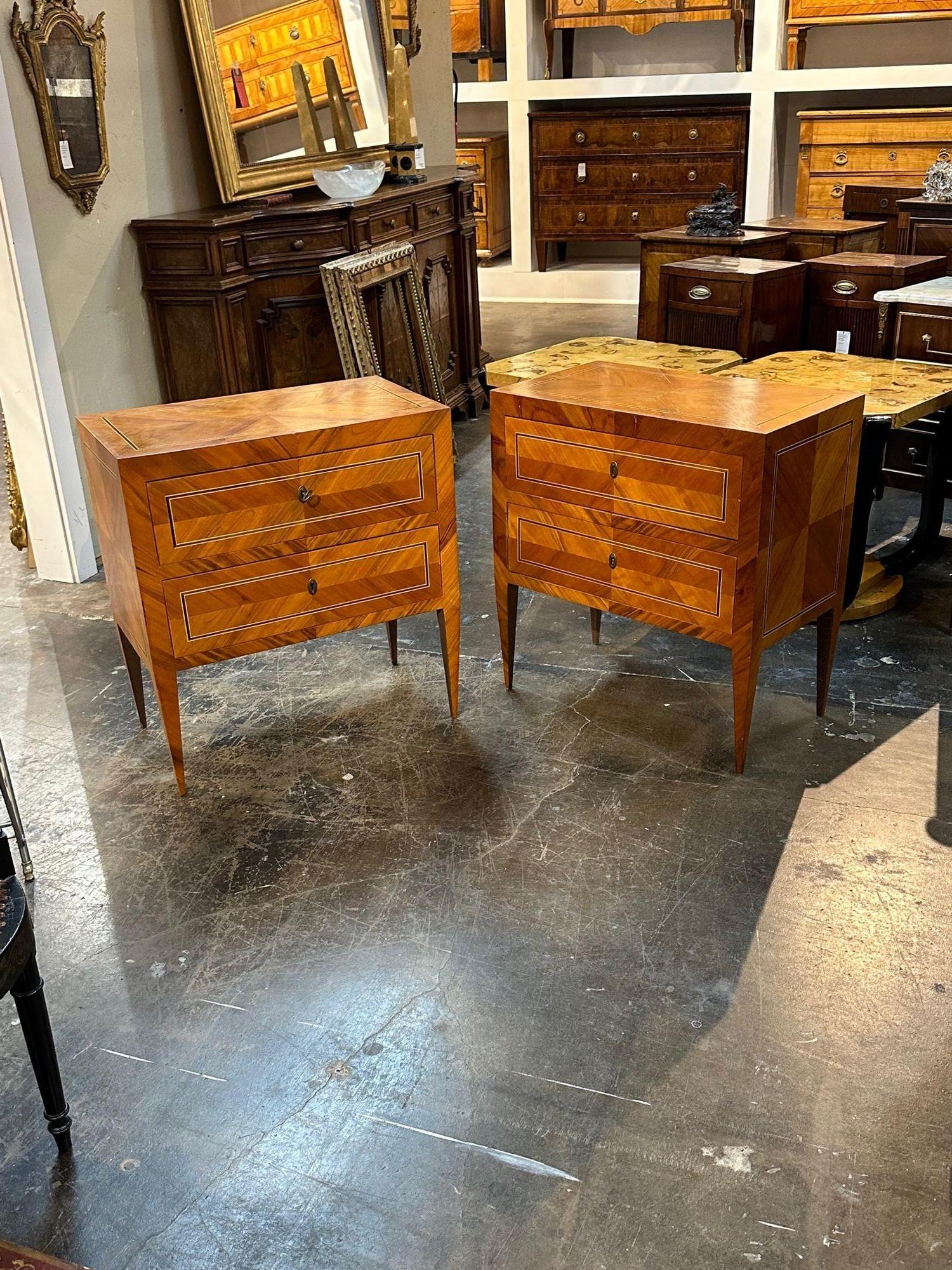 Great pair of Italian neo-classical inlaid walnut side tables, circa 1940 Adds warmth and charm to any room!