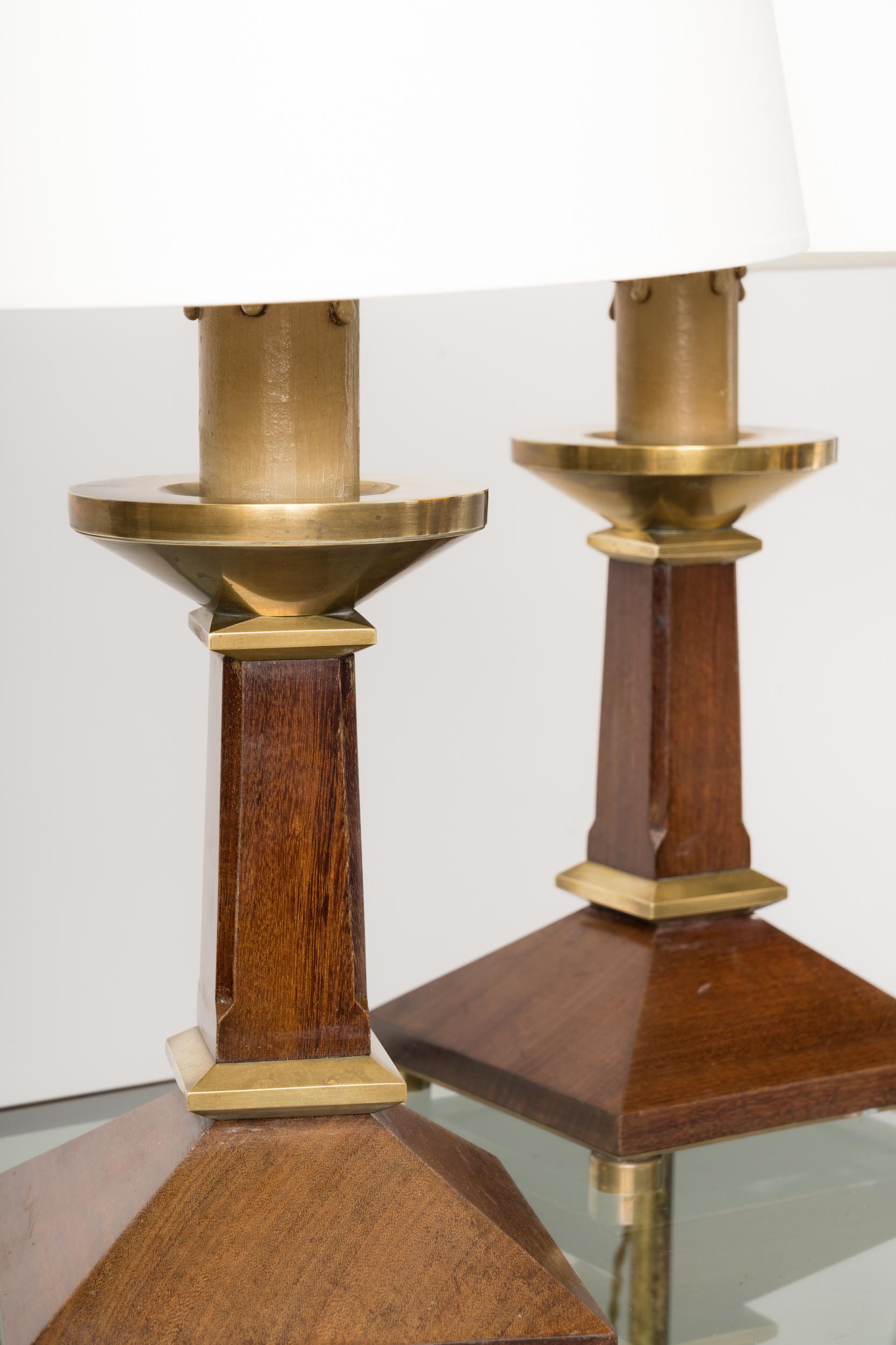 Pair of Neo-Classical Mahogany and Brass Table Lamps - France 1960's 1