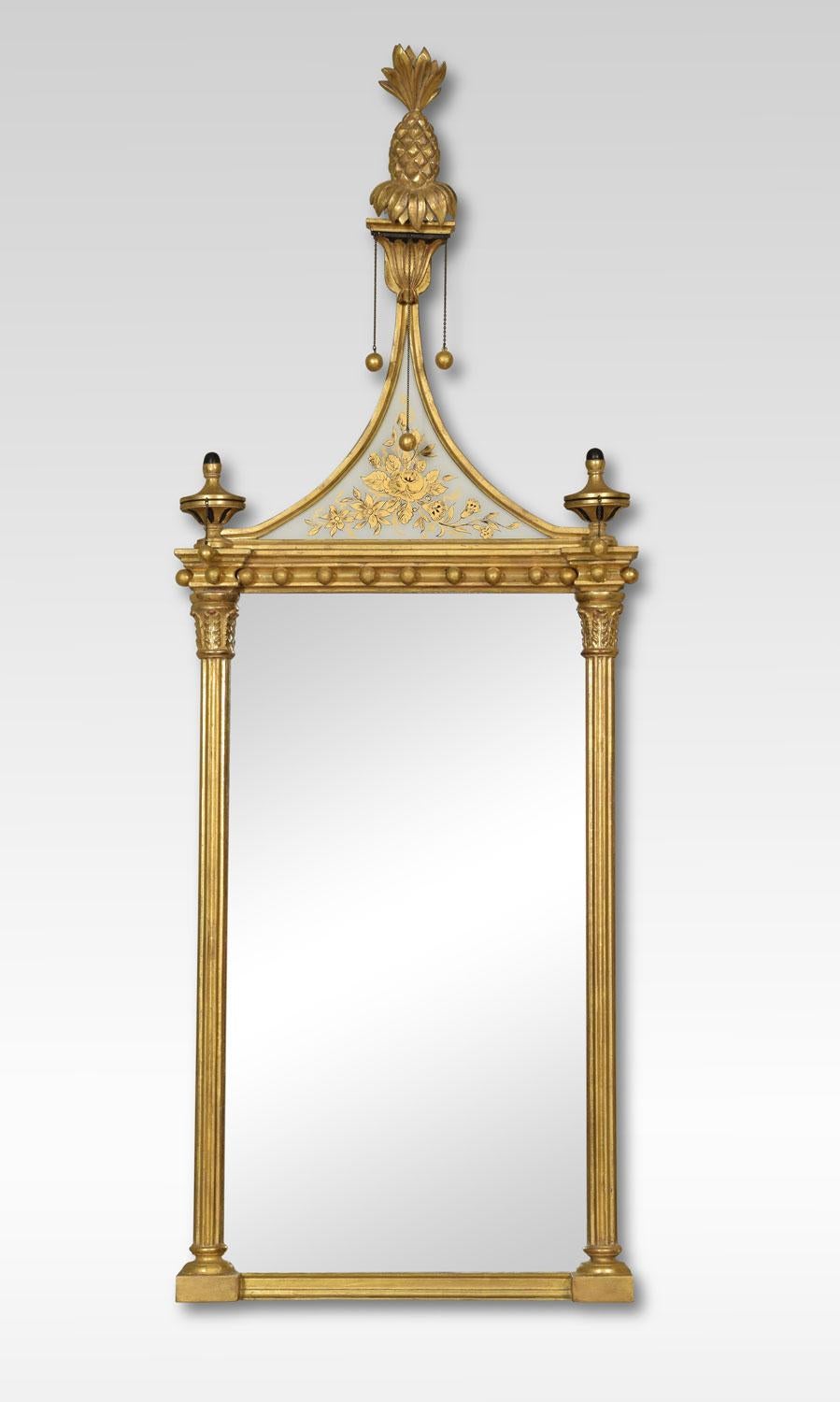 Pair of Regency style pier mirrors, surmounted by pineapple finials above original rectangular mirror plate enclosed by reeded columns.
Dimensions:
Height 46 inches
Width 16 inches
Depth 4 inches.