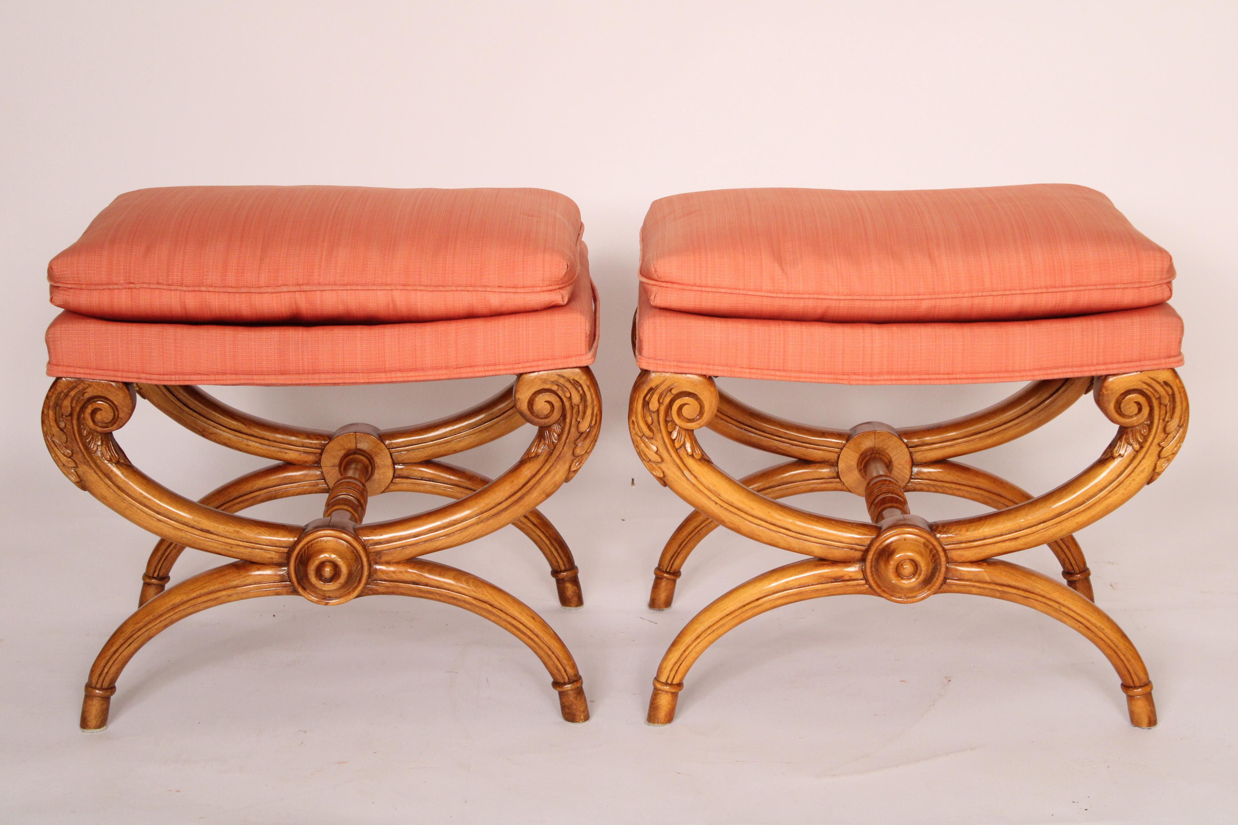 Pair of neo classical style curule form beech wood benches, late 20th century. 