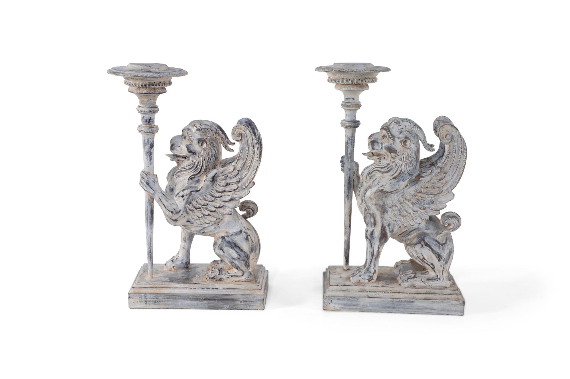 20th Century Pair of Neoclassical Style Carved Chimera Form Candle Holders / Bookends For Sale
