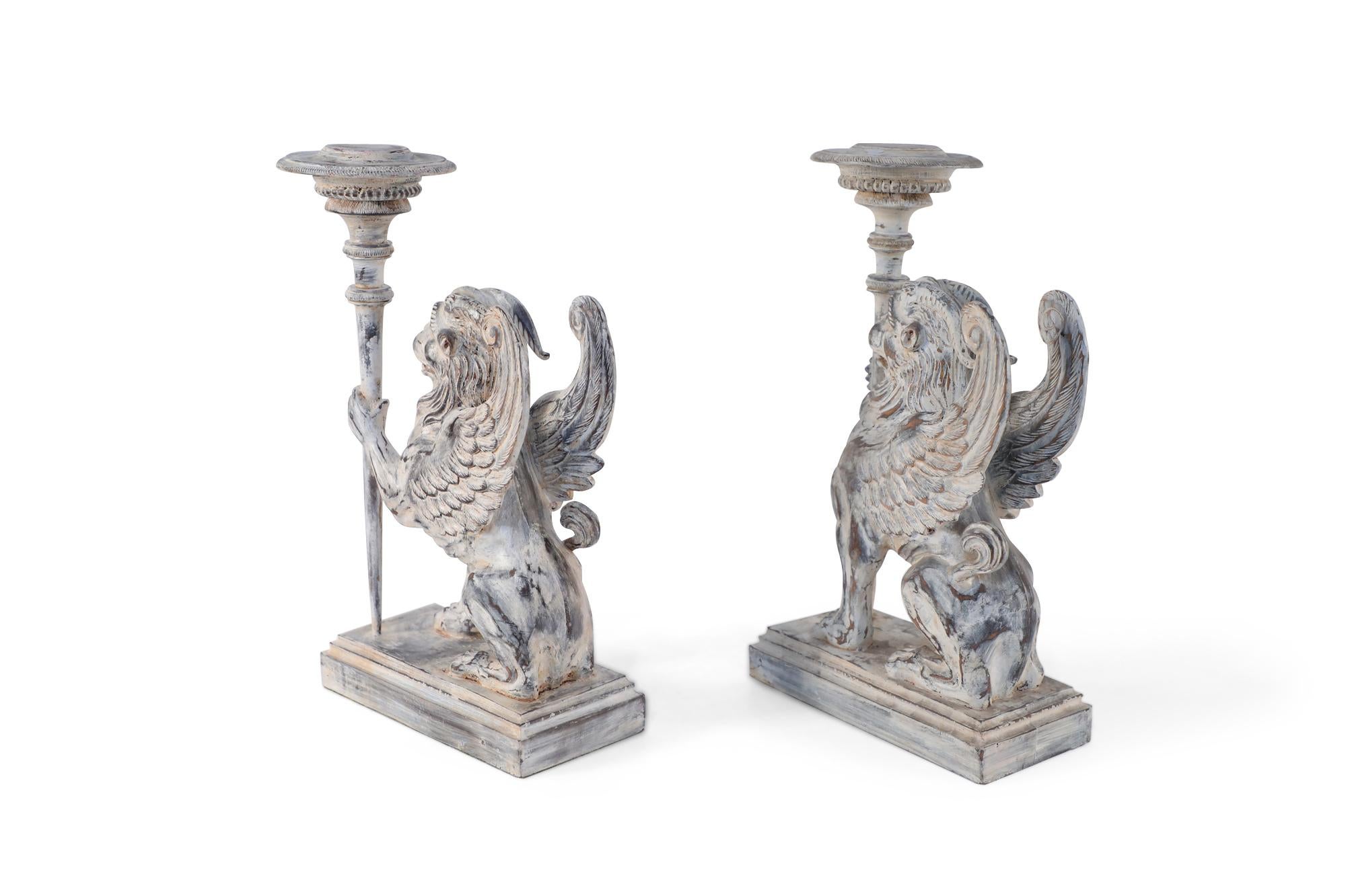 Wood Pair of Neoclassical Style Carved Chimera Form Candle Holders / Bookends For Sale