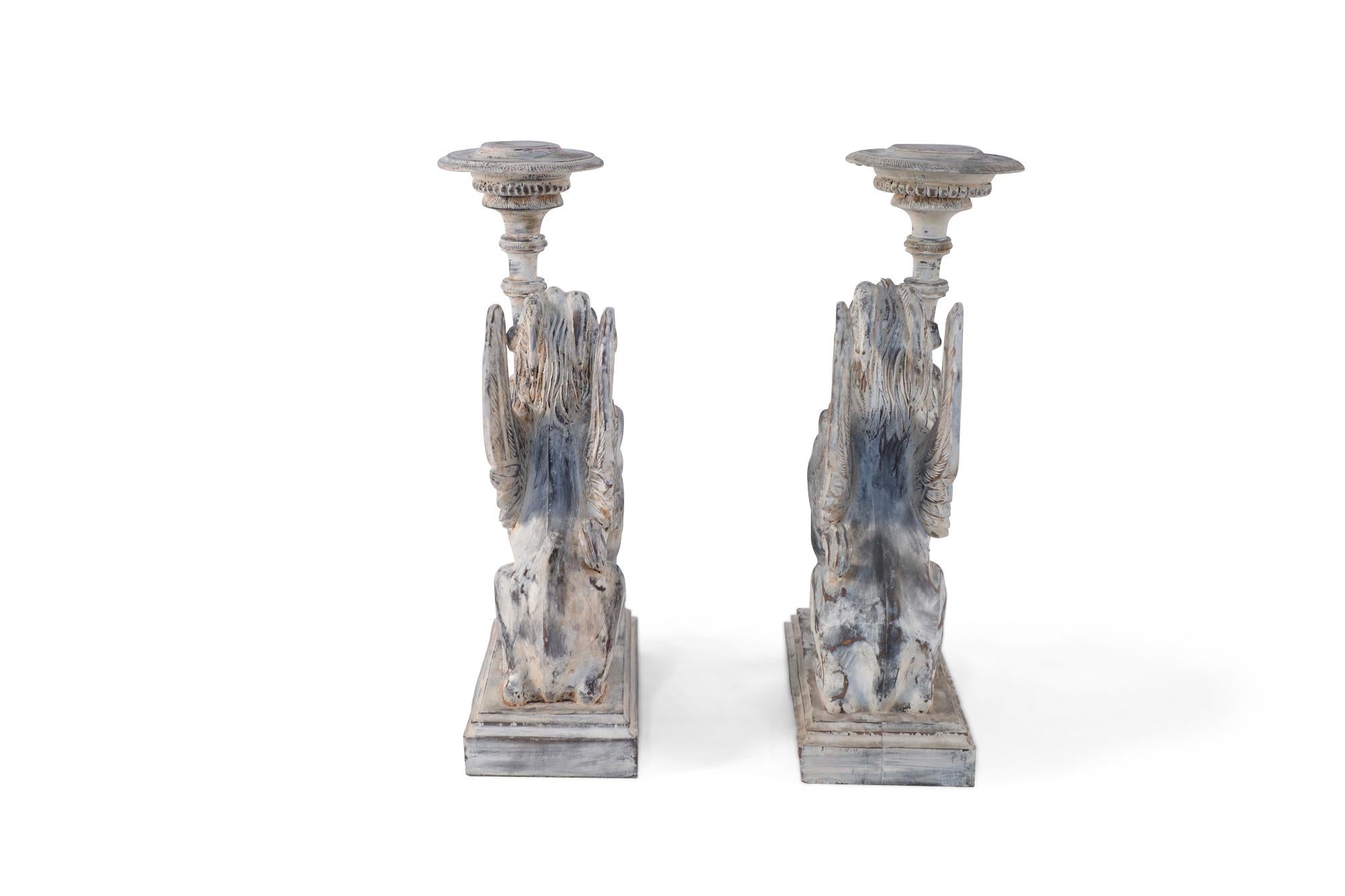 Wood Pair of Neo-Classical Style Carved Chimera Form Candle Holders / Bookends For Sale