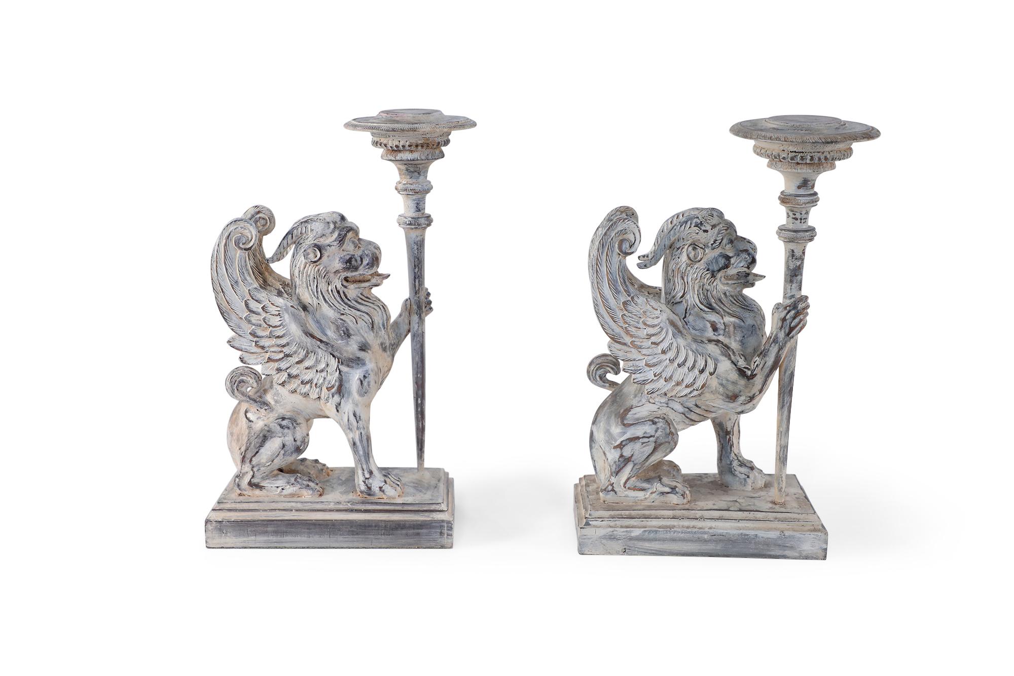 Pair of Neoclassical Style Carved Chimera Form Candle Holders / Bookends For Sale 3