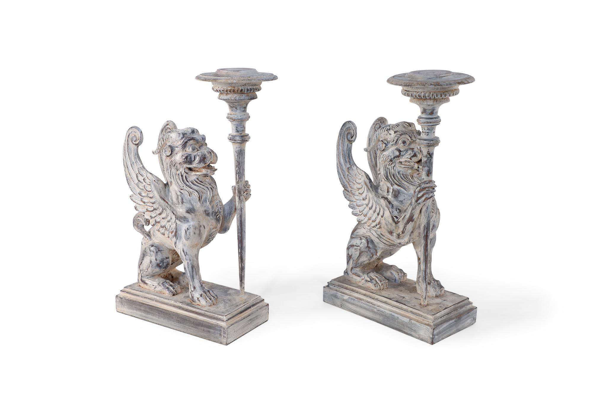 Pair of Neoclassical Style Carved Chimera Form Candle Holders / Bookends For Sale 4