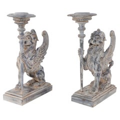 Pair of Neoclassical Style Carved Chimera Form Candle Holders / Bookends