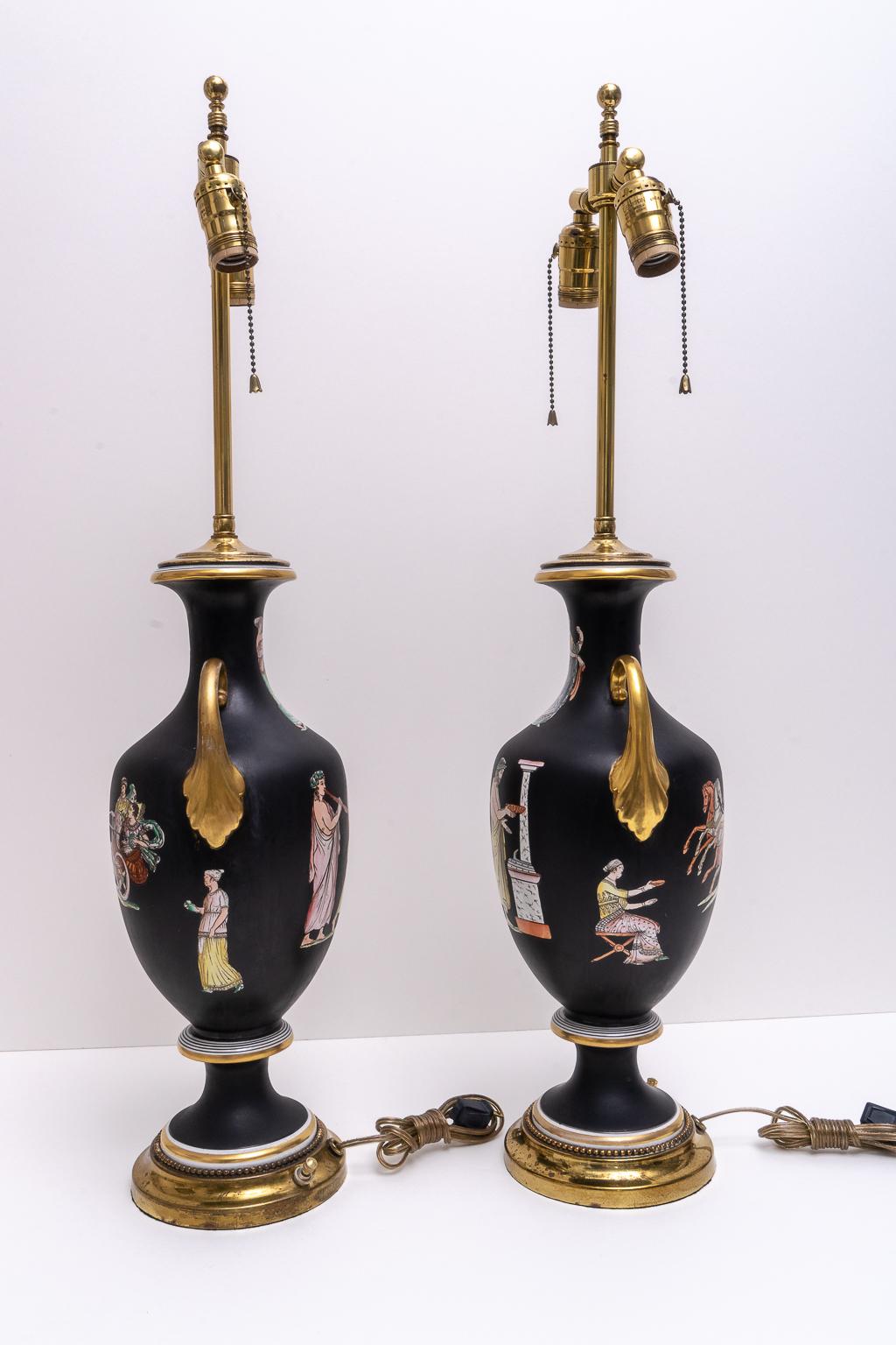 This stylish set of tables lamps were recently acquired from a Palm Beach estate and were originally vases produced during the 
