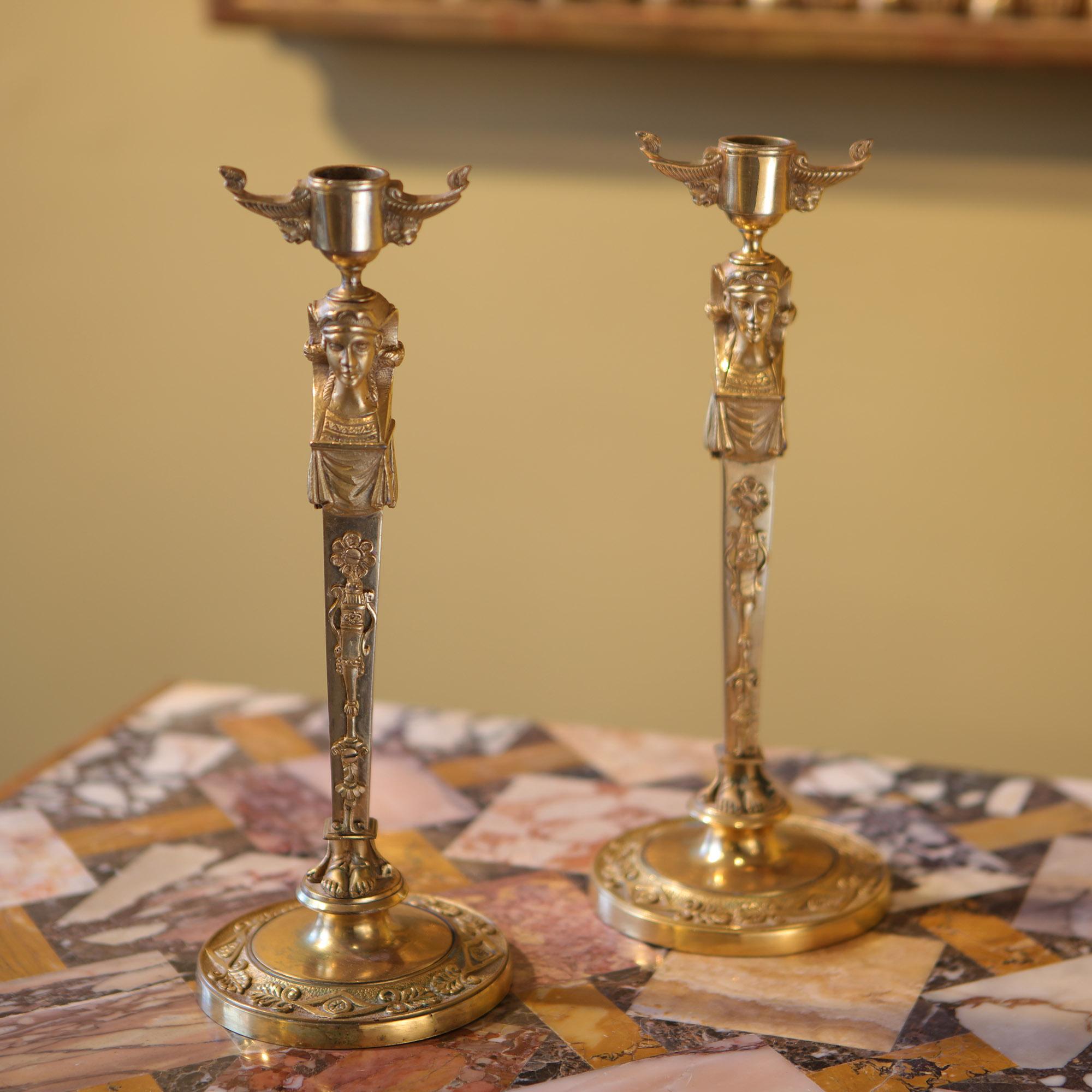 Pair of Neo Egyptian Empire Gilt Bronze Candlesticks In Excellent Condition For Sale In Reepham, GB
