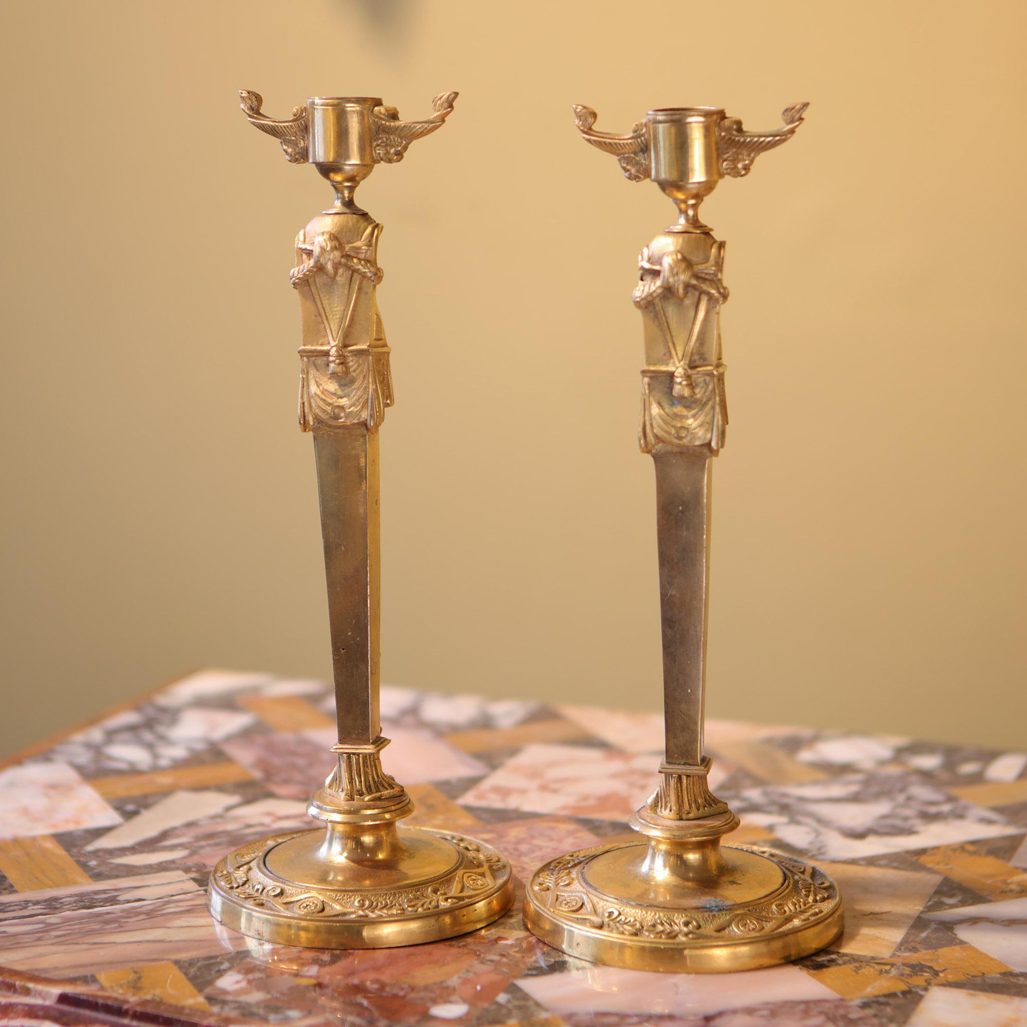 19th Century Pair of Neo Egyptian Empire Gilt Bronze Candlesticks For Sale