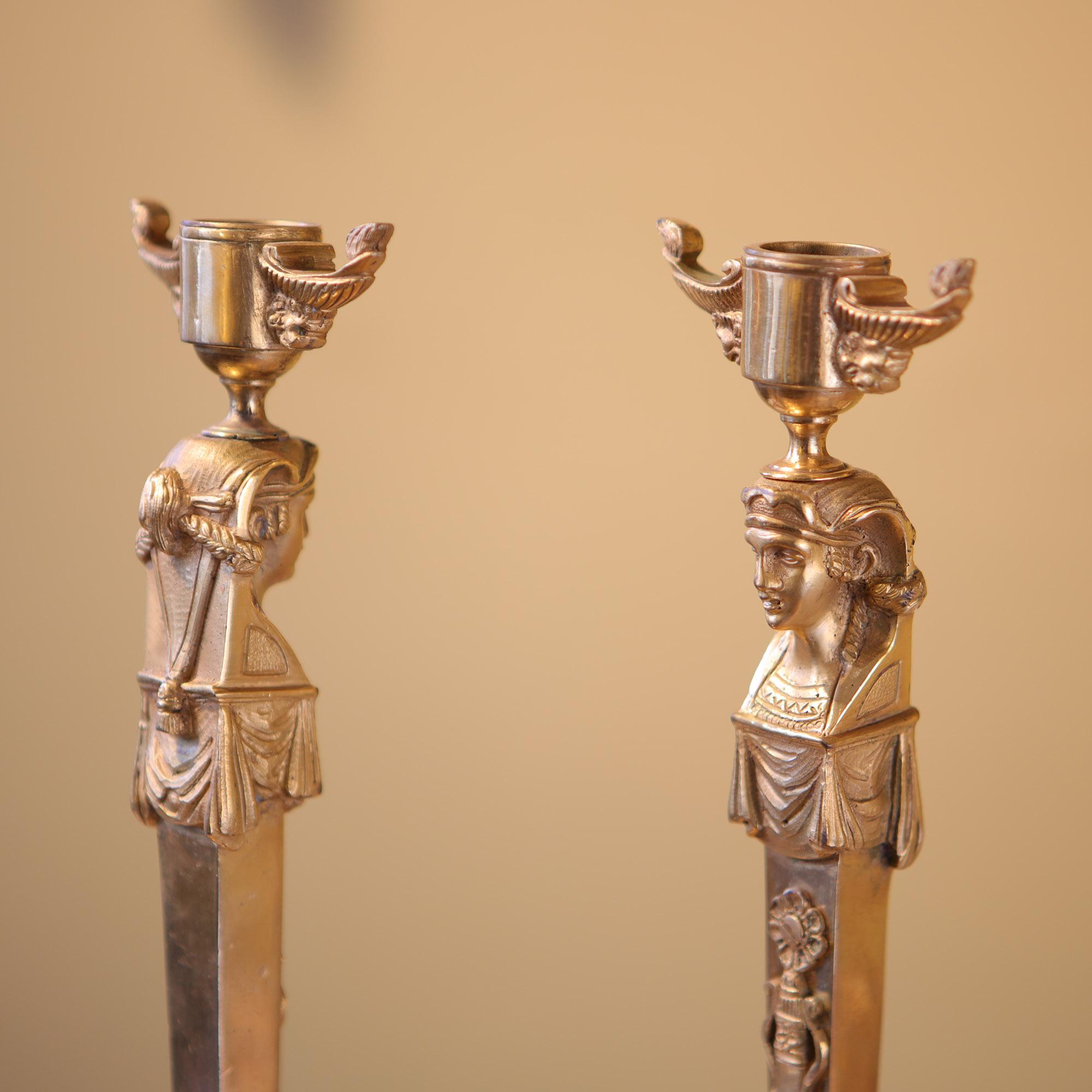 Pair of Neo Egyptian Empire Gilt Bronze Candlesticks For Sale 1