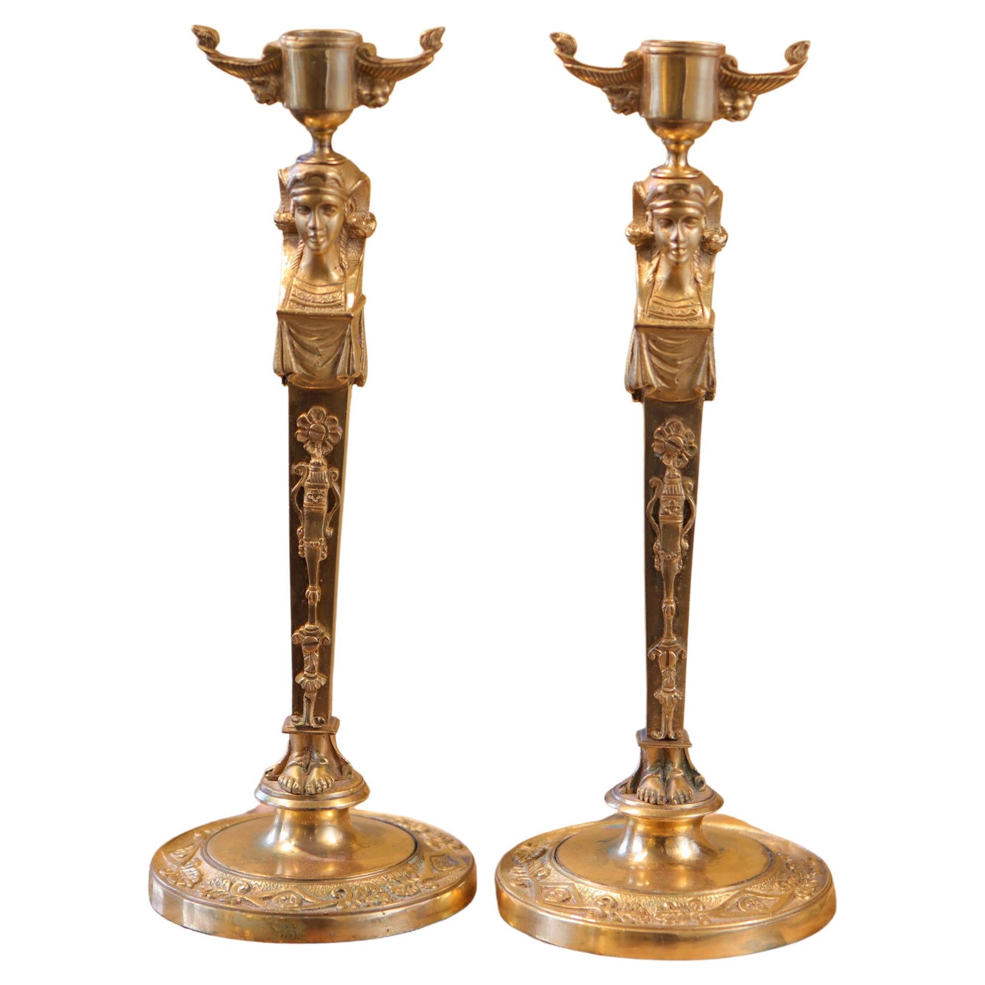 Pair of Neo Egyptian Empire Gilt Bronze Candlesticks For Sale
