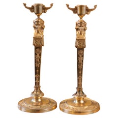 Antique Pair of Neo Egyptian Empire Gilt Bronze Candlesticks
