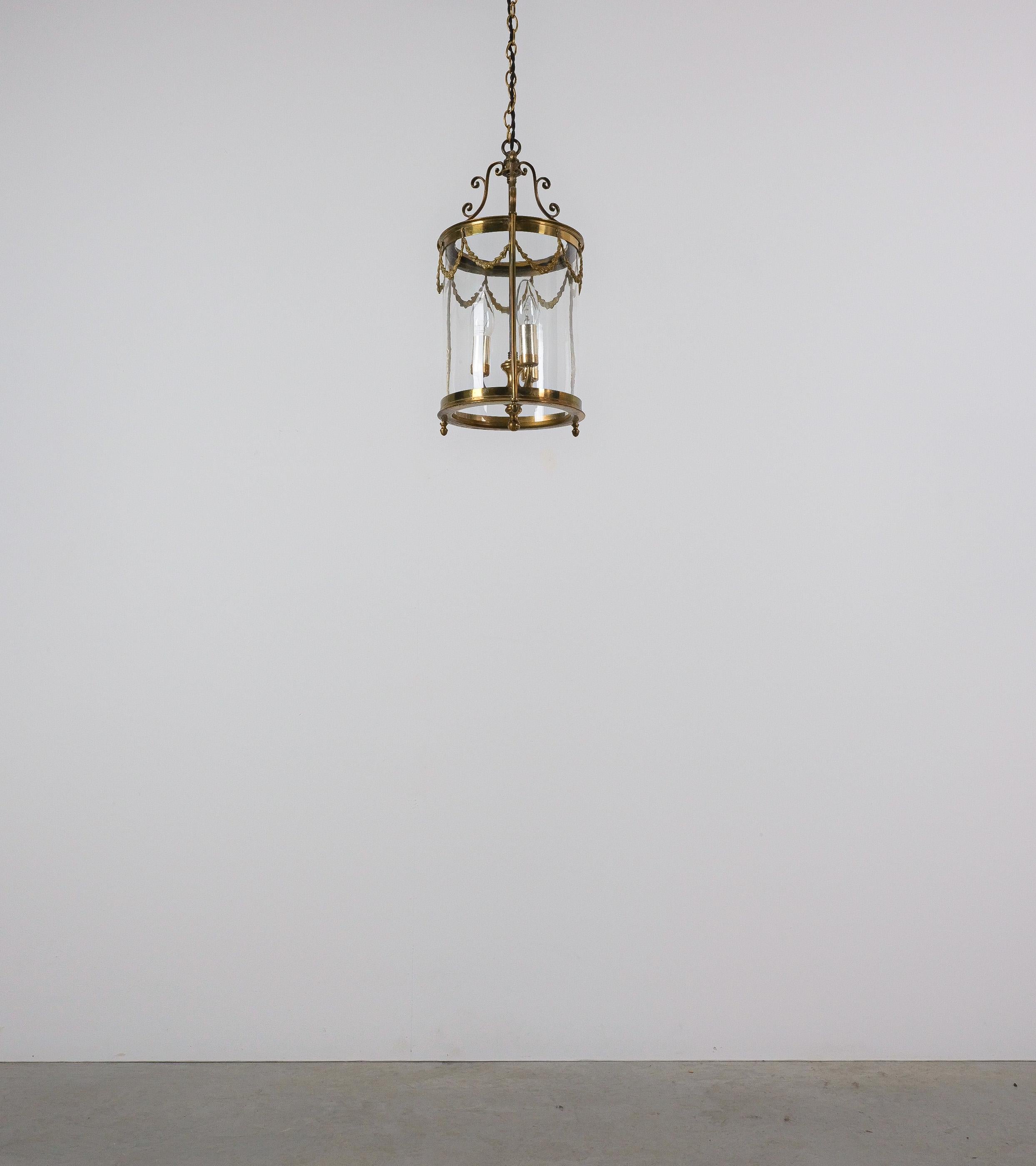 Mid-20th Century Pair of Neo-Empire Pendant Lights from Glass and Brass, France 1950 For Sale